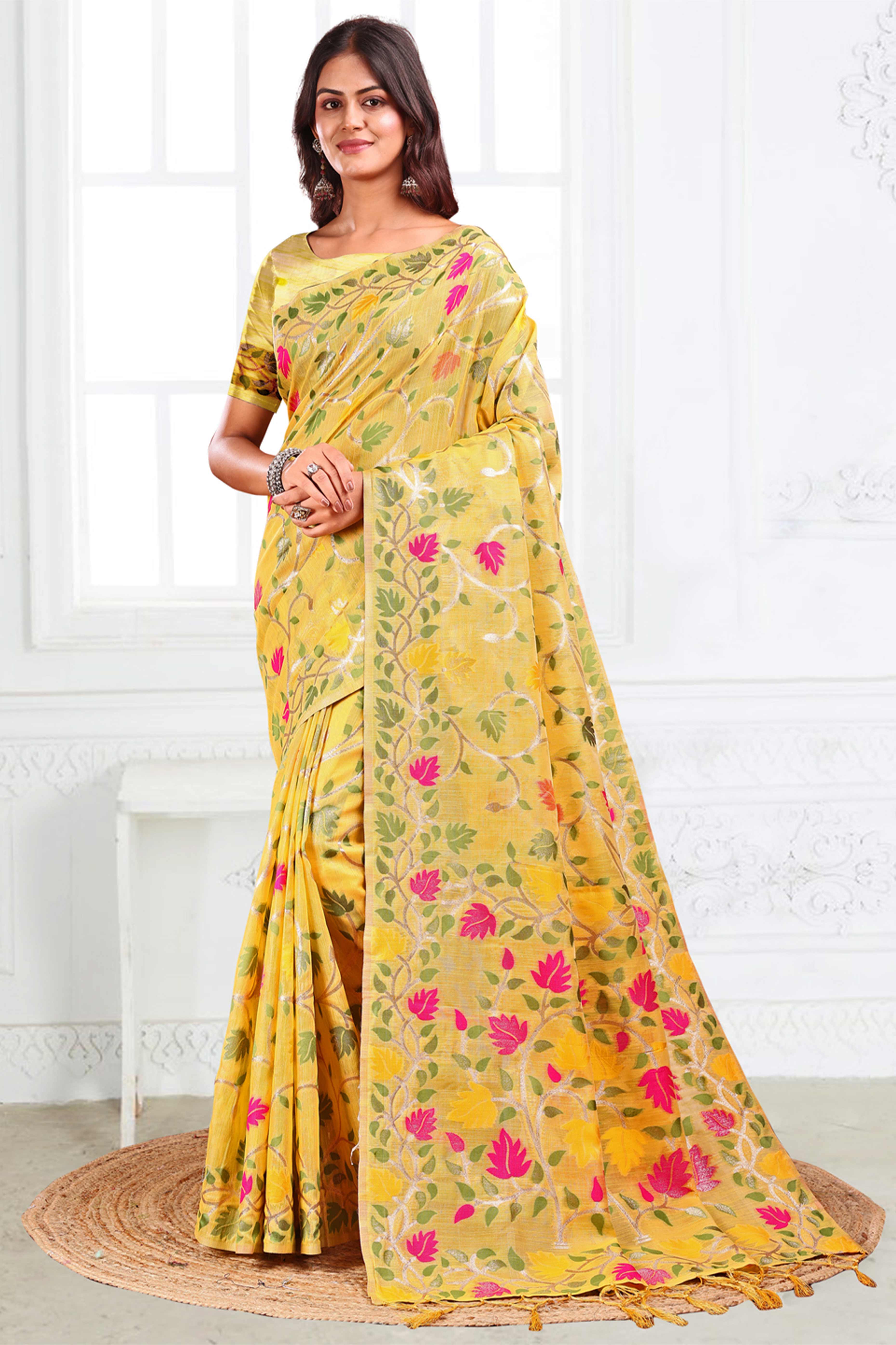 Yellow Linen Cotton Silk  Saree Enhanced With Floral Zari Weaving & Tasselled Pallu Finish