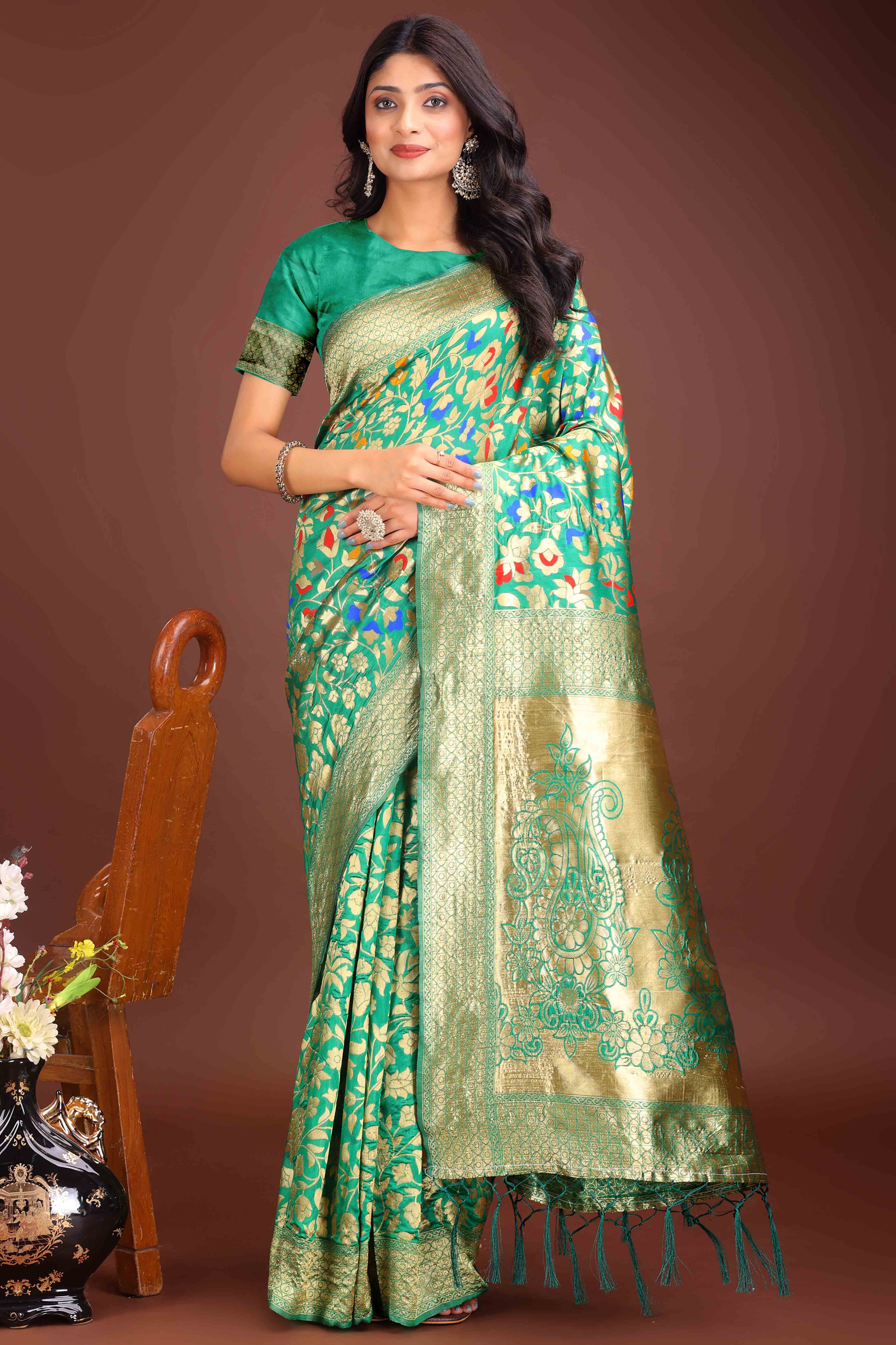 Green Lichi Banarasi Silk Saree With Floral Zari Work & Tassel Border