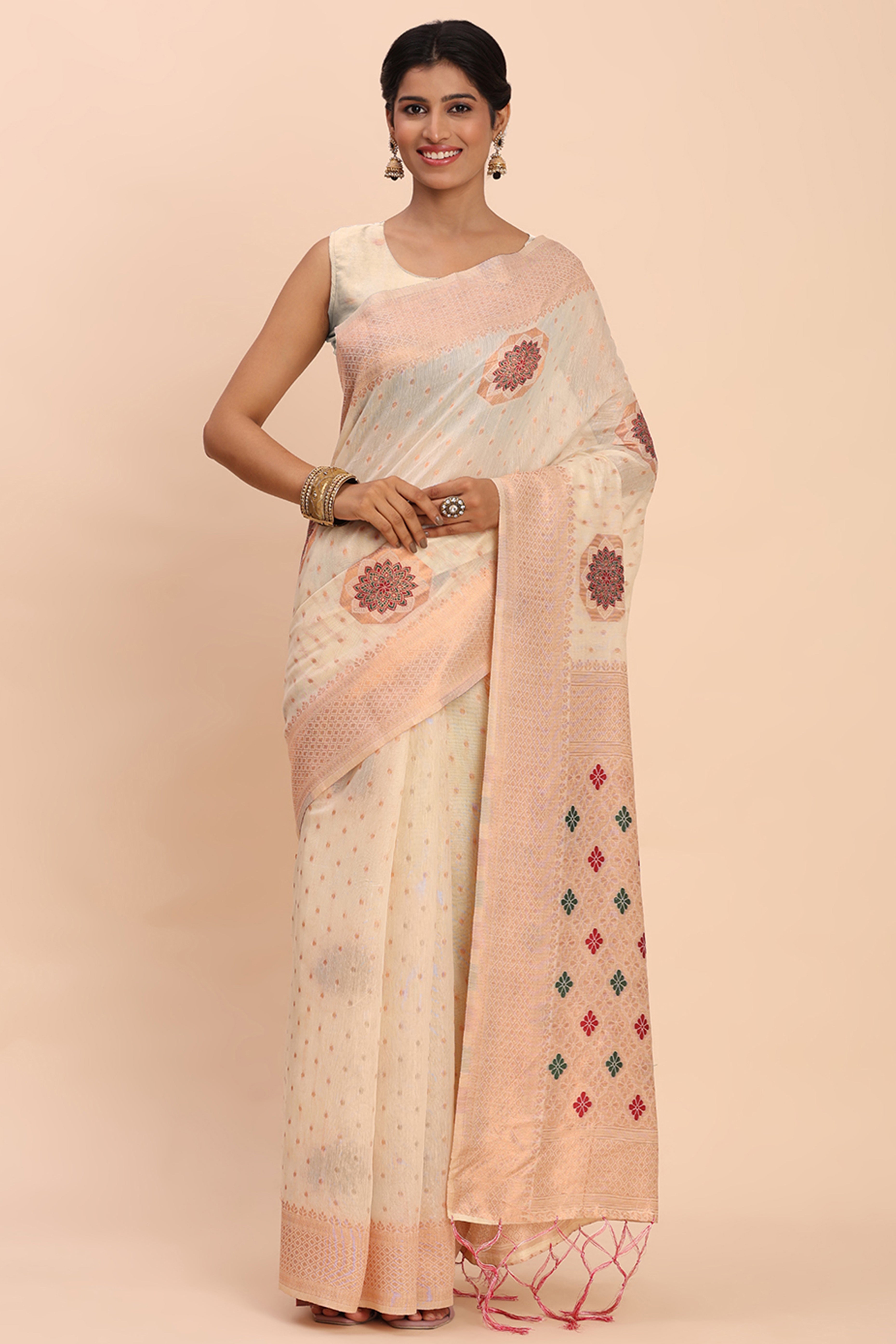 Stylish Offwhite Floral Zari Weaving Linen Cotton Saree With Graceful Tassel Pallu