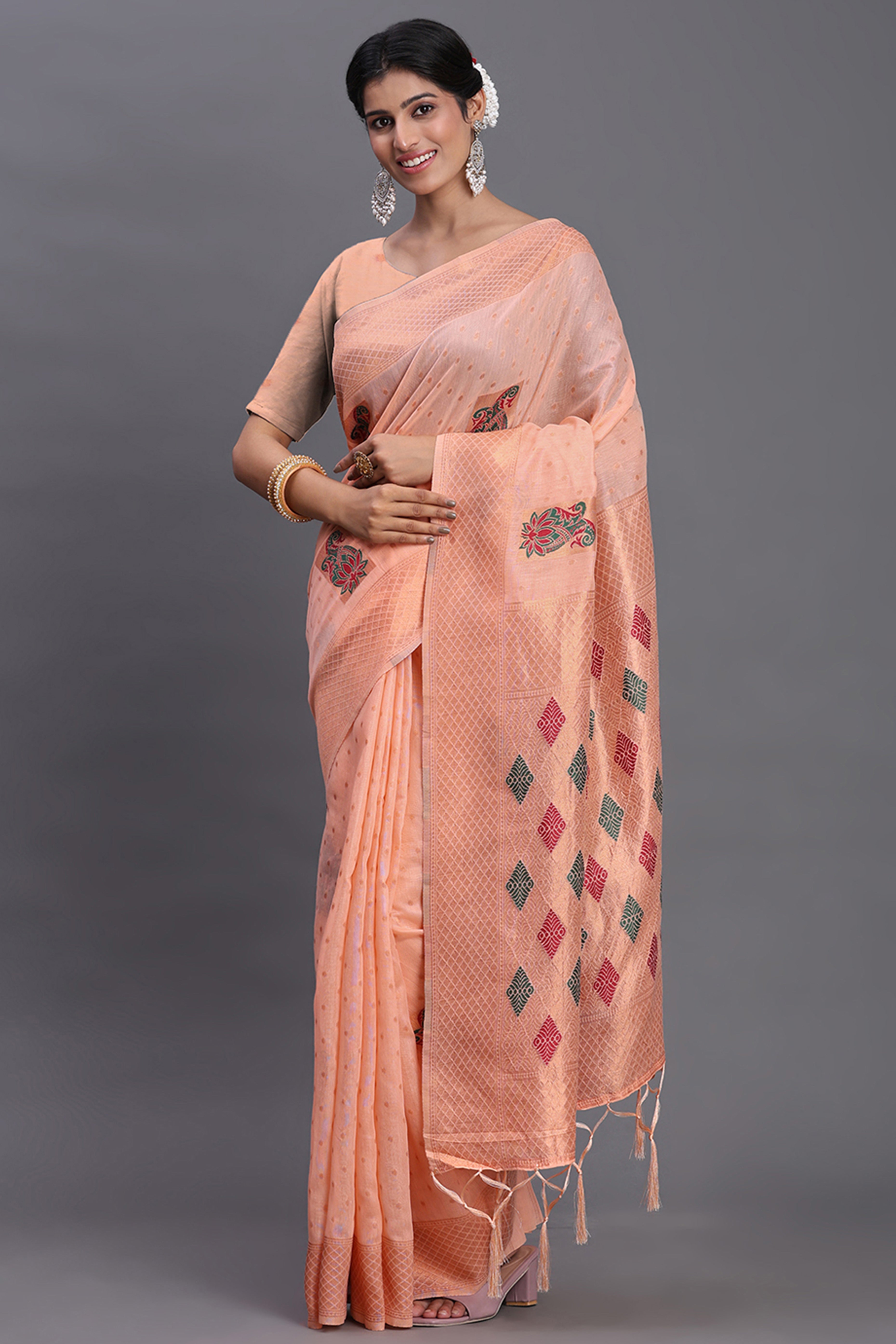 Stylish Peach Floral Zari Weaving Linen Cotton Saree With Graceful Tassel Pallu