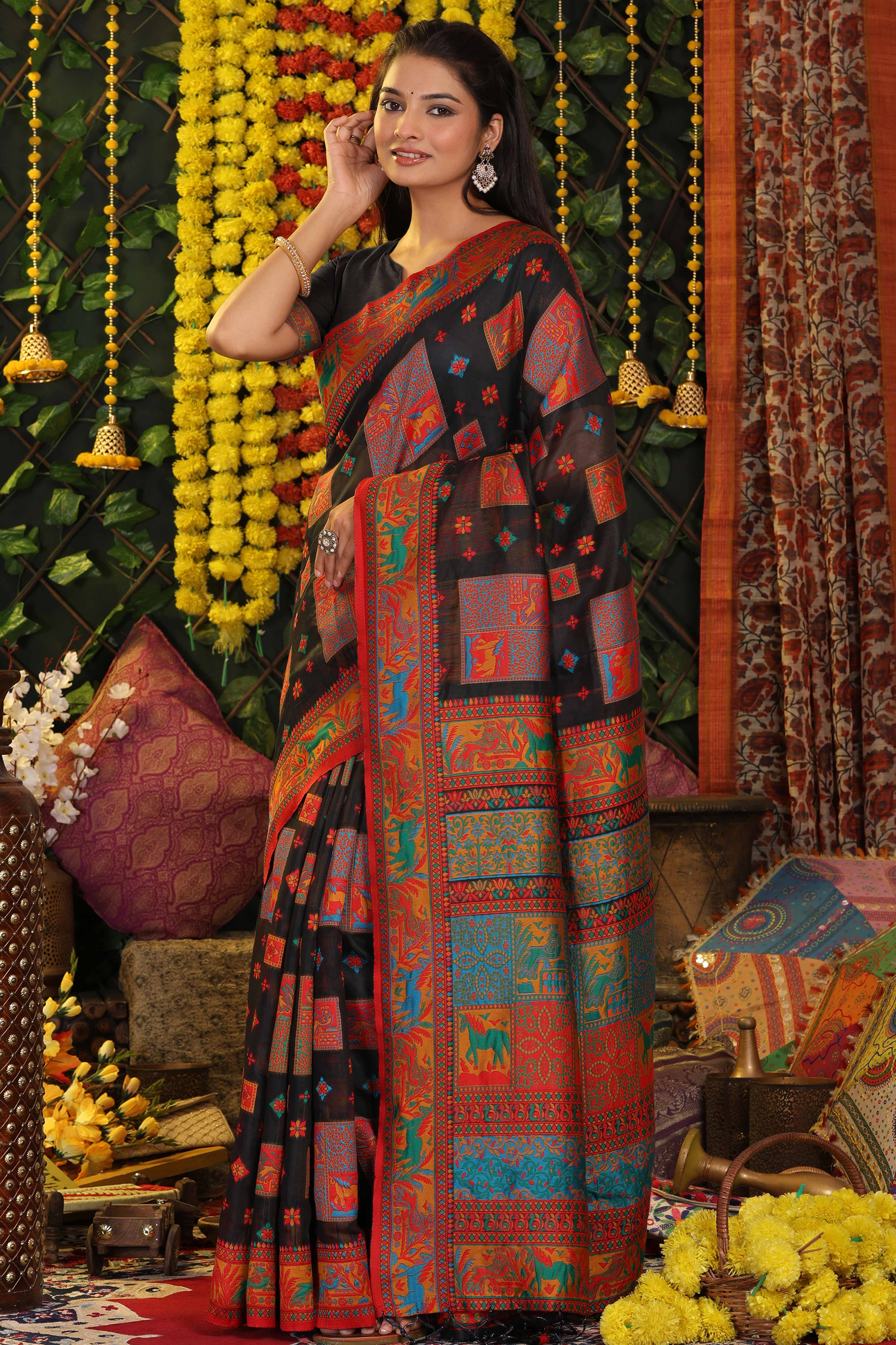 Black Linen Cotton Saree Adorned With Floral Zari Weaving & Tassel Pallu