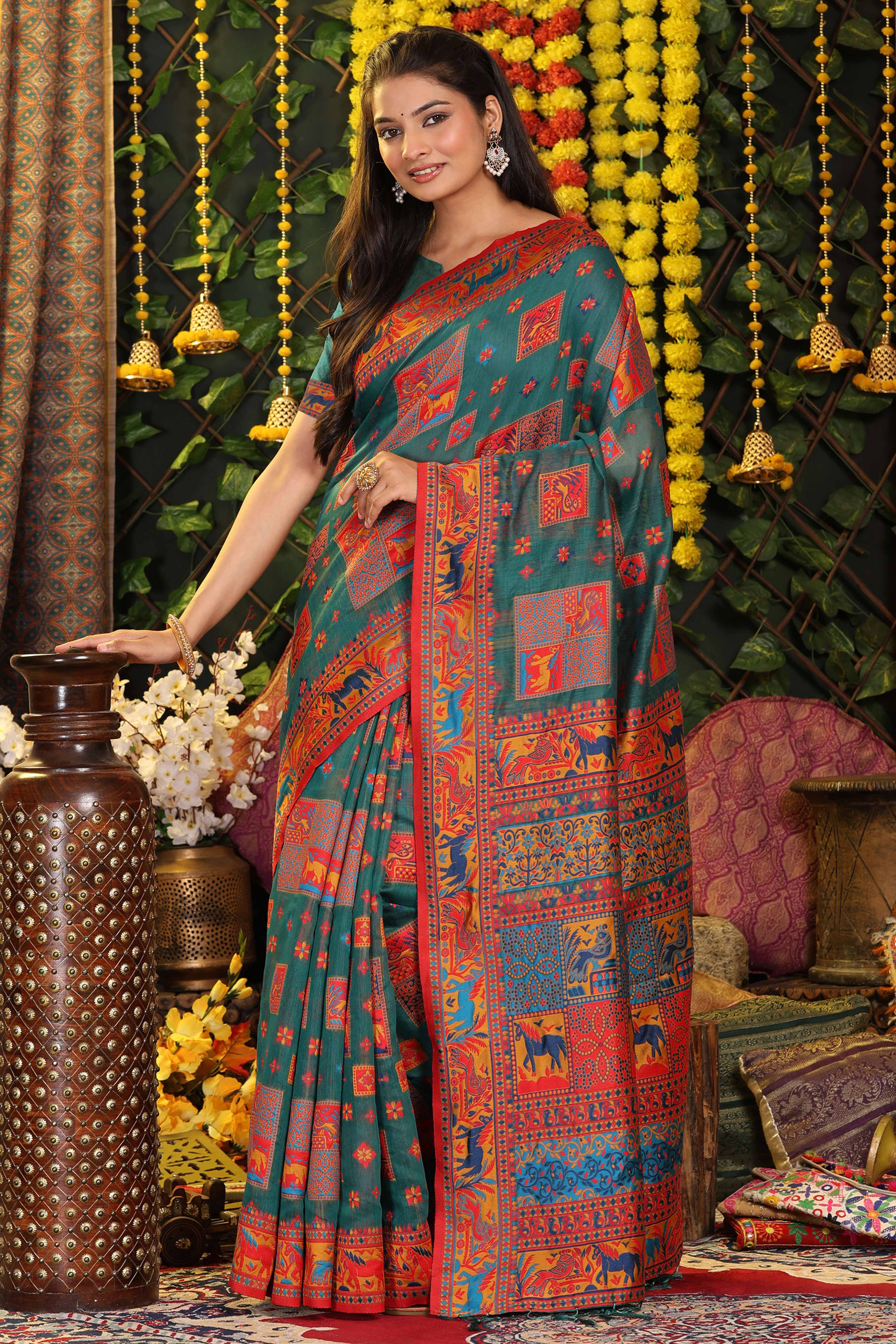 Teal Green Linen Cotton Saree Adorned With Floral Zari Weaving & Tassel Pallu