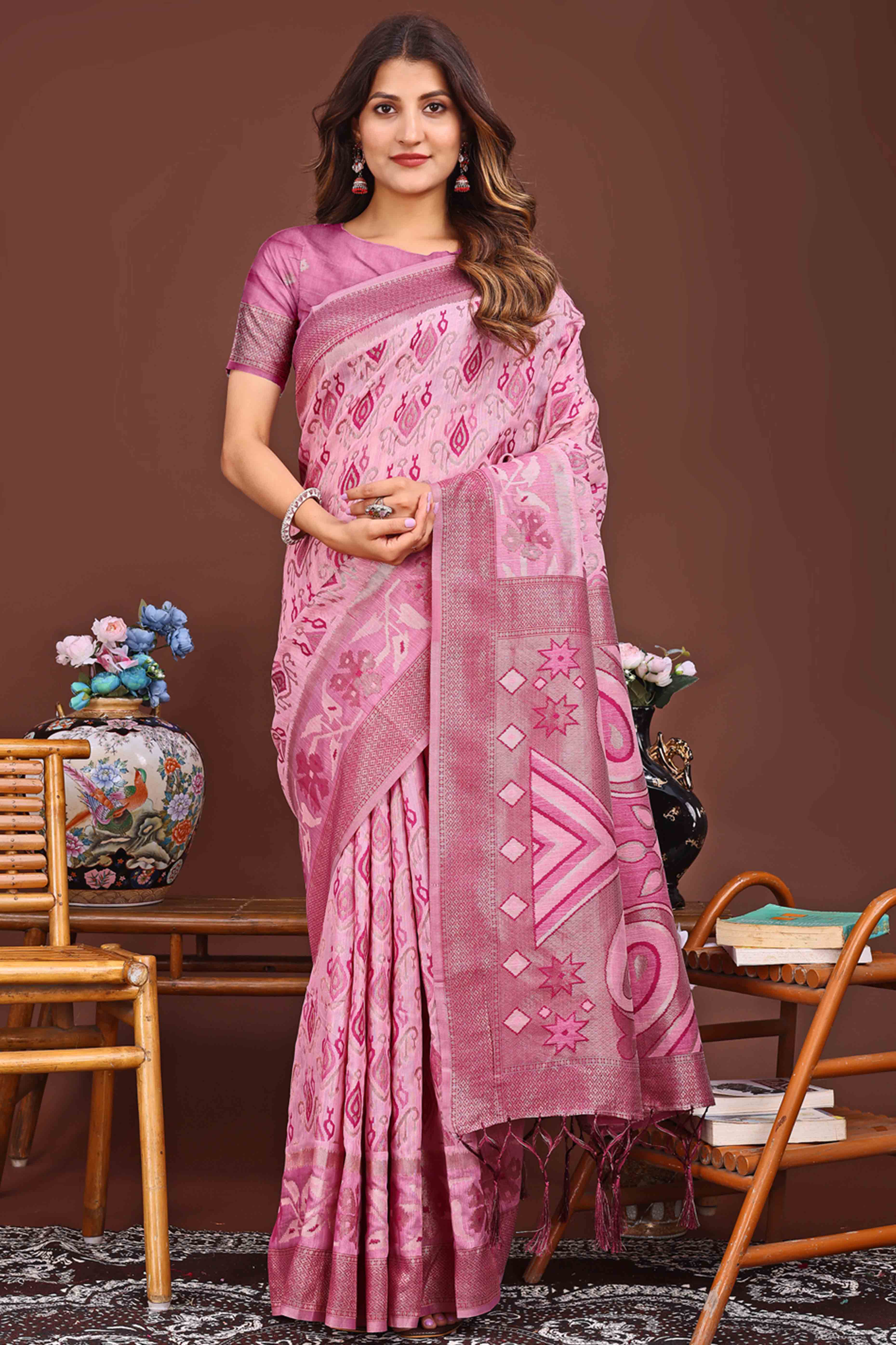 Elegant Zari Woven Pink Linen Cotton Saree With Graceful Tassel Pallu