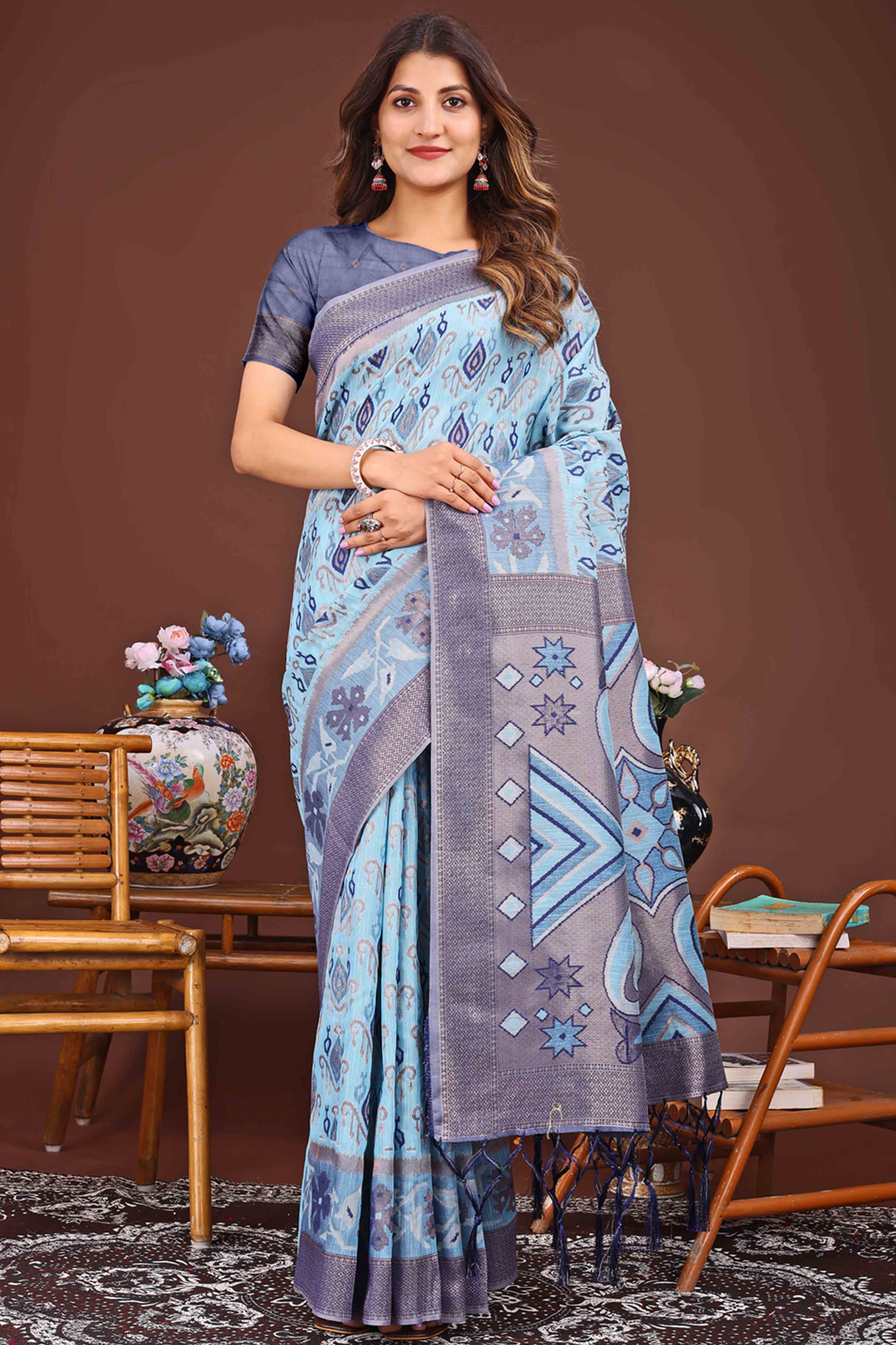 Majestic Zari Woven Blue Linen Cotton Saree With Graceful Tassel Pallu