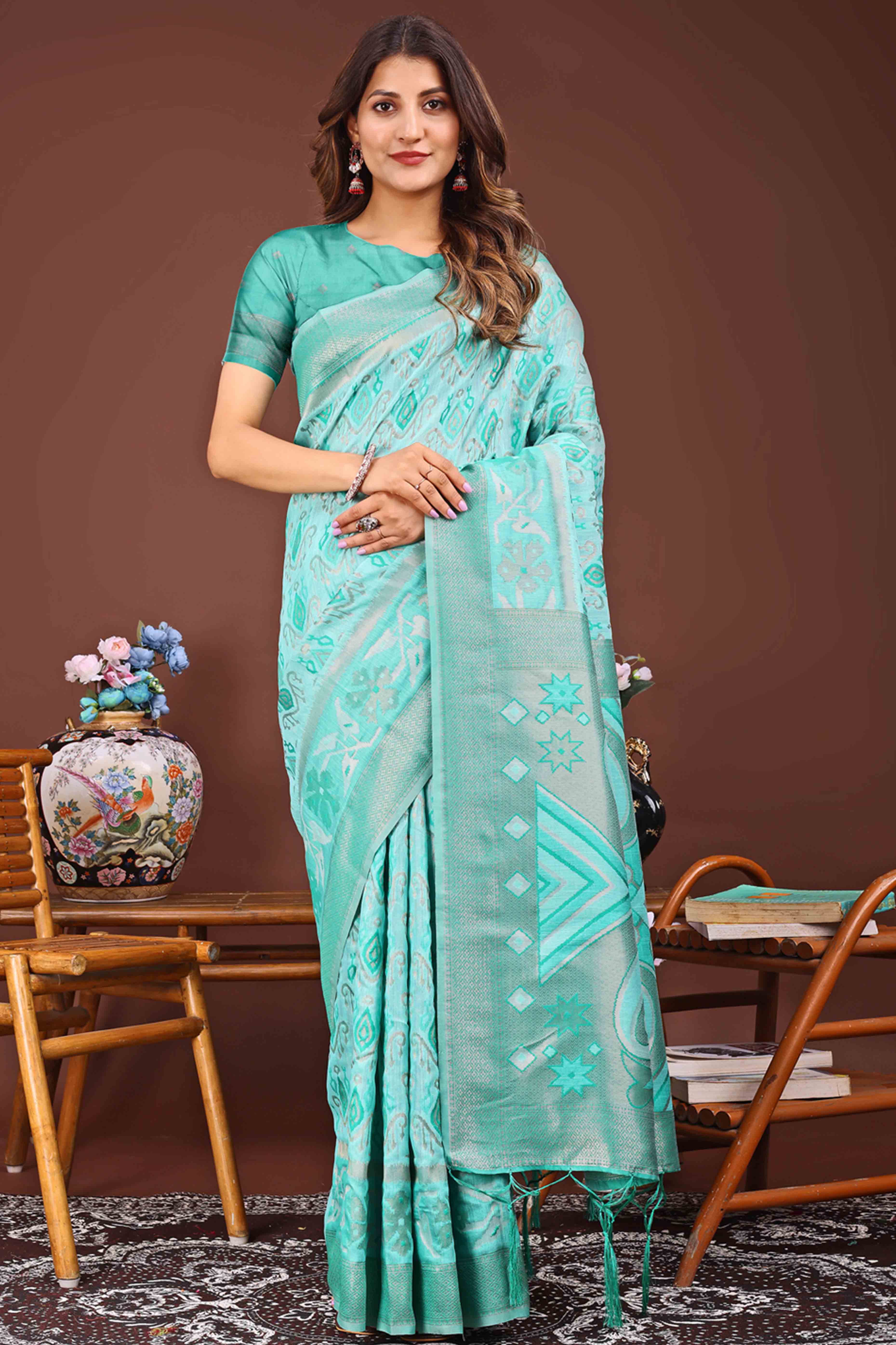 Refreshing Zari Woven Turquoise Linen Cotton Saree With Graceful Tassel Pallu