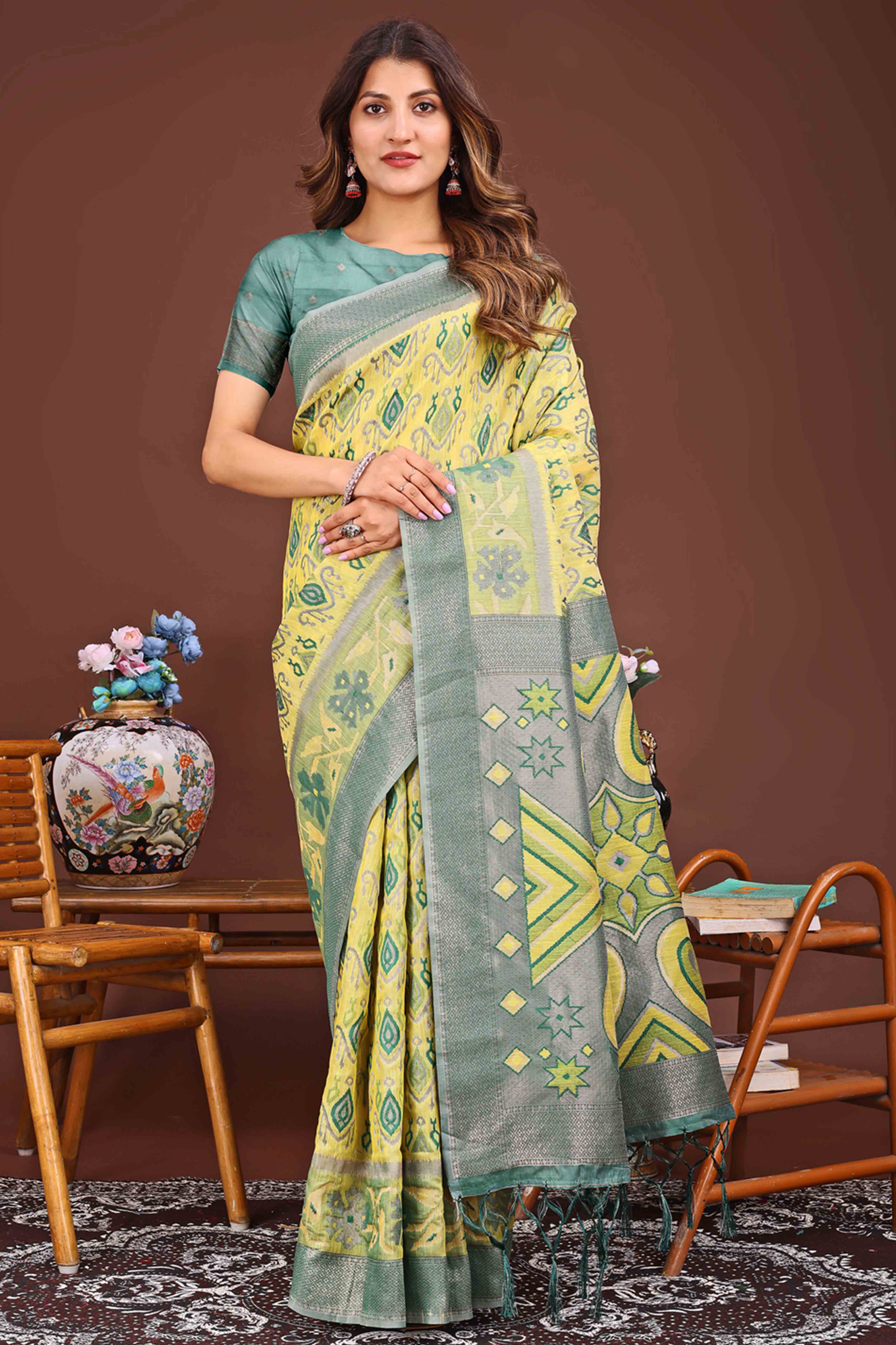 Stunning Zari Woven Yellow Linen Cotton Saree With Graceful Tassel Pallu