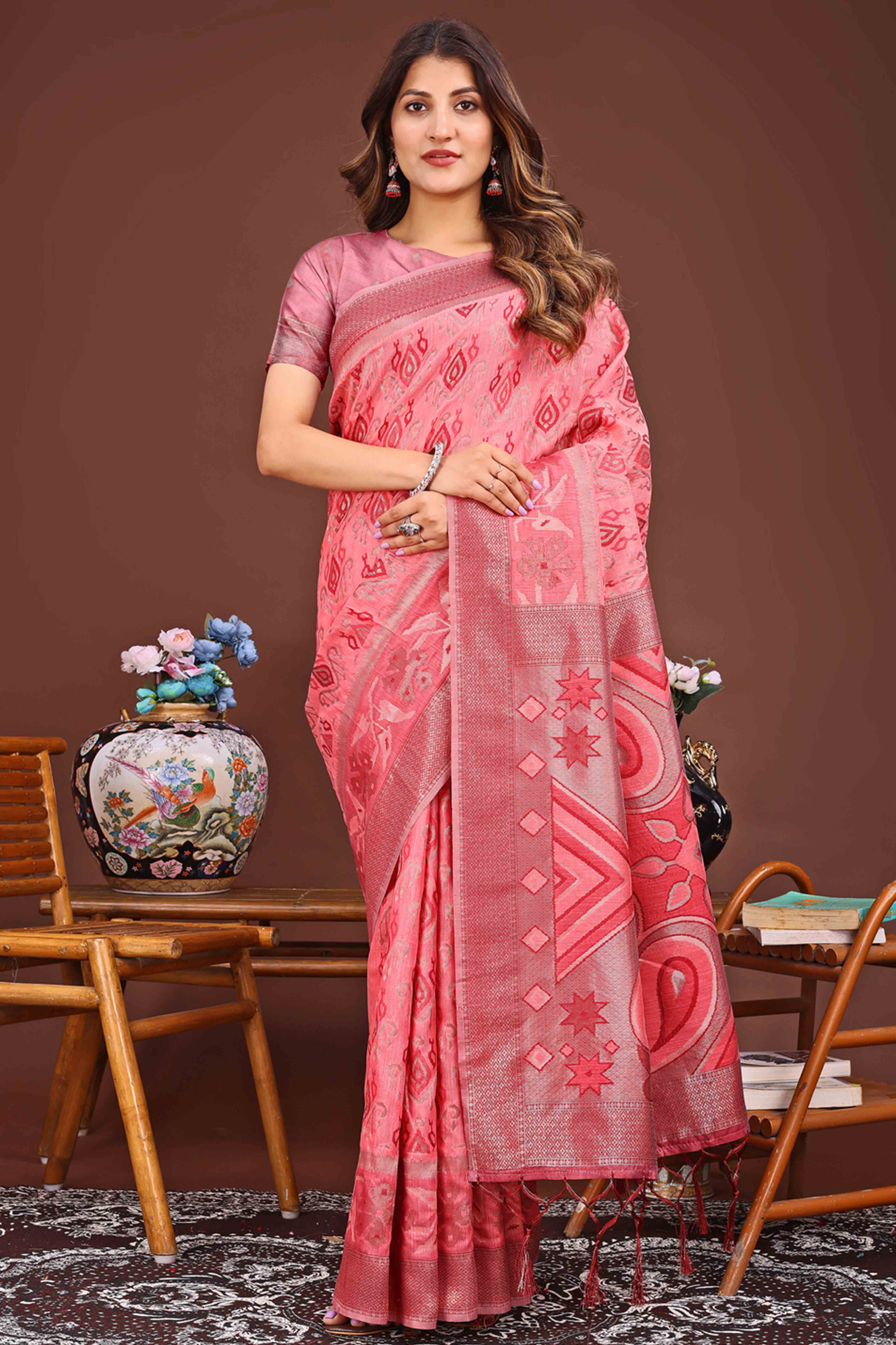 Dazzling Zari Woven Coral Pink Linen Cotton Saree With Graceful Tassel Pallu