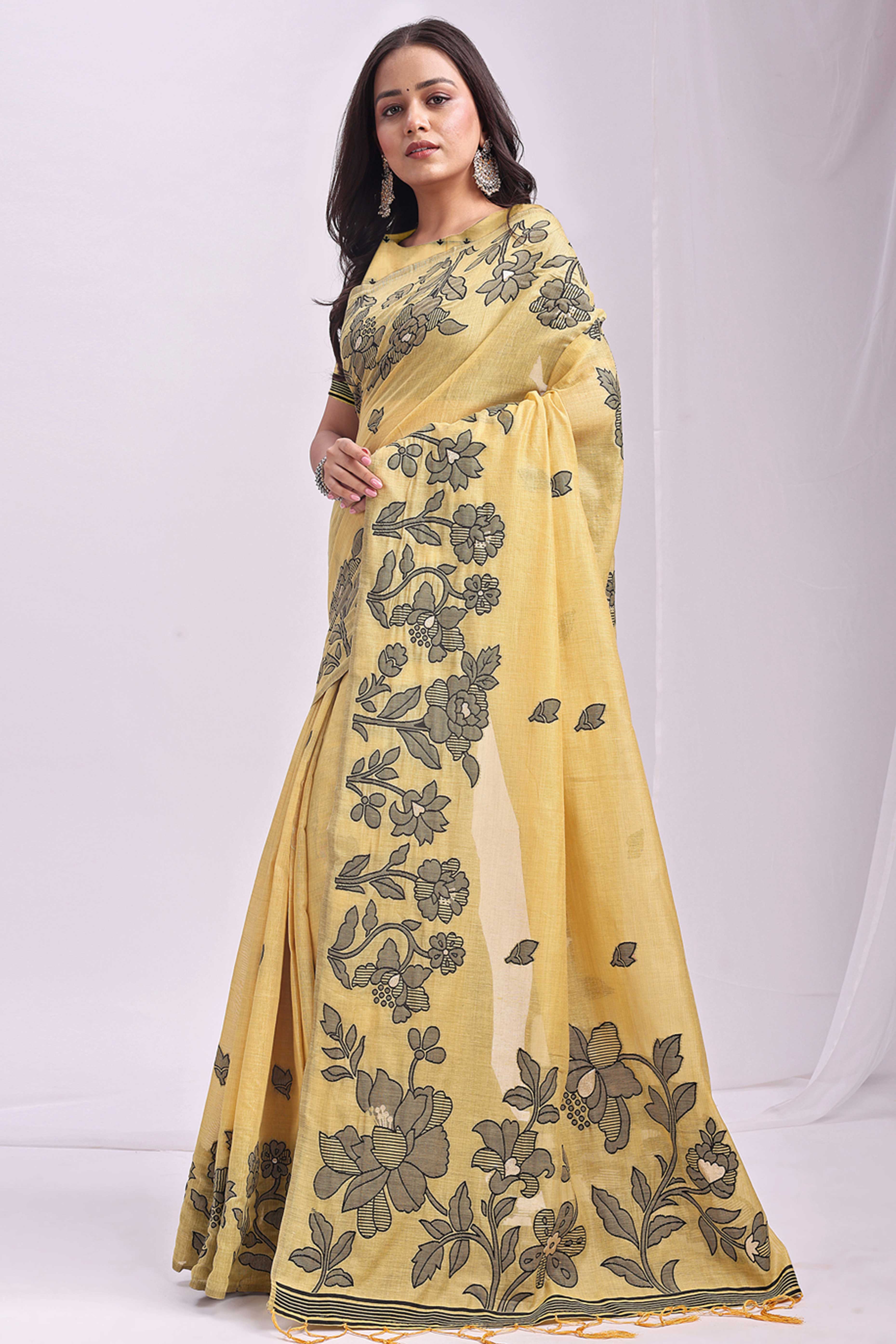 Yellow Ethnic Saree in a Linen Cotton Blend Adorned with Floral Weave Designs