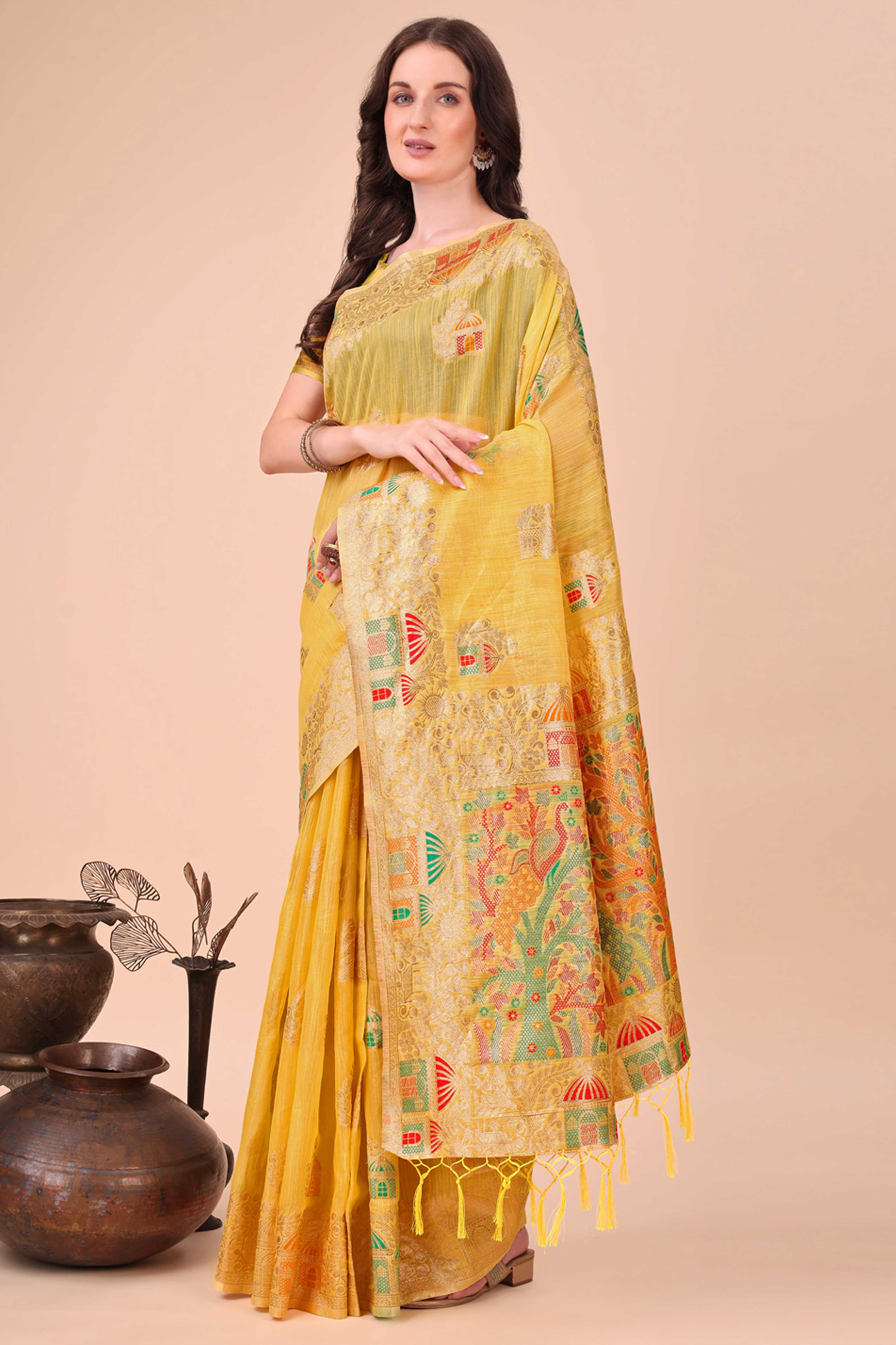 Yellow Zari Woven Linen Cotton Saree With Graceful Tassels