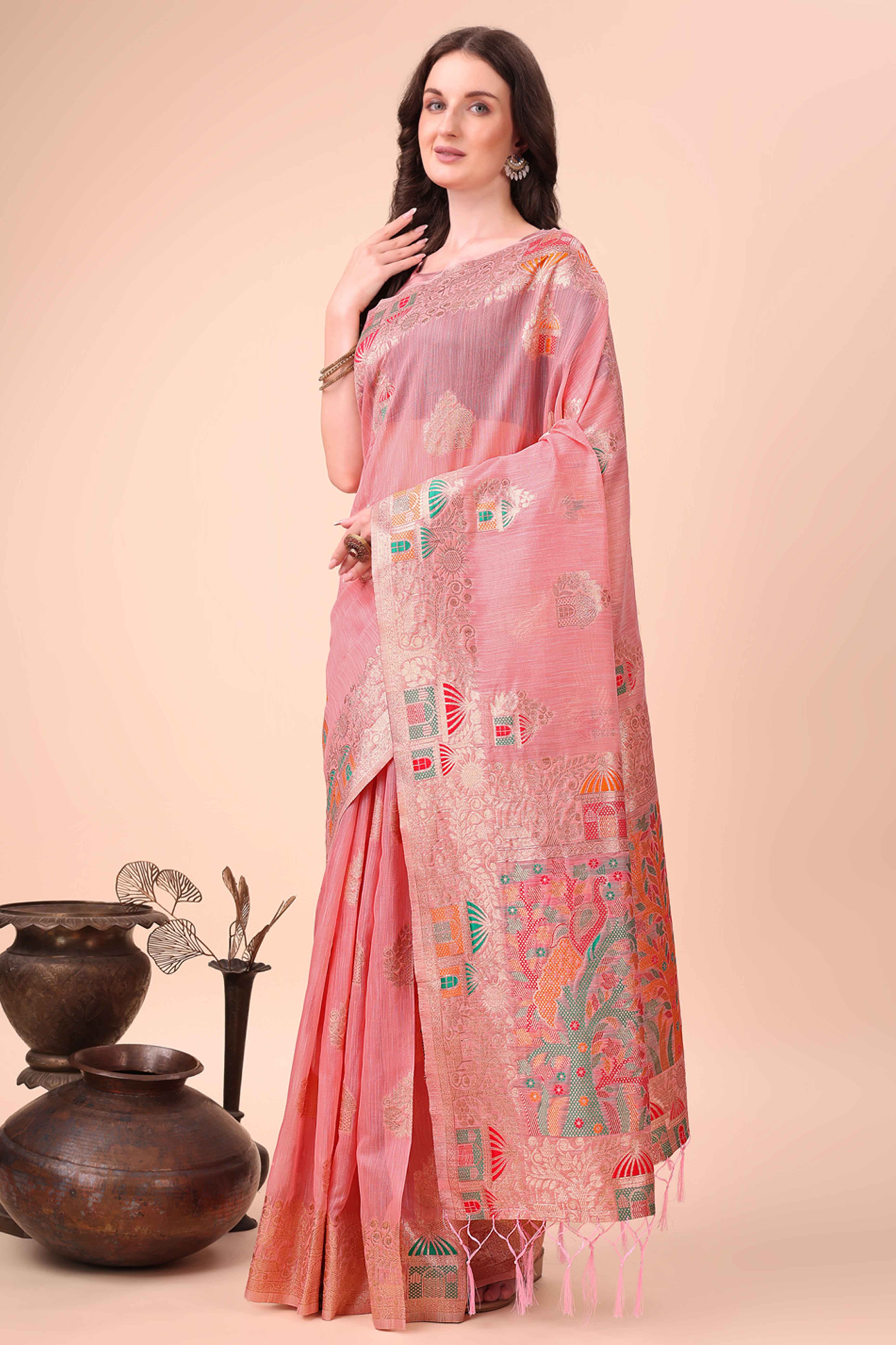 Pink Zari Woven Linen Cotton Saree With Graceful Tassels