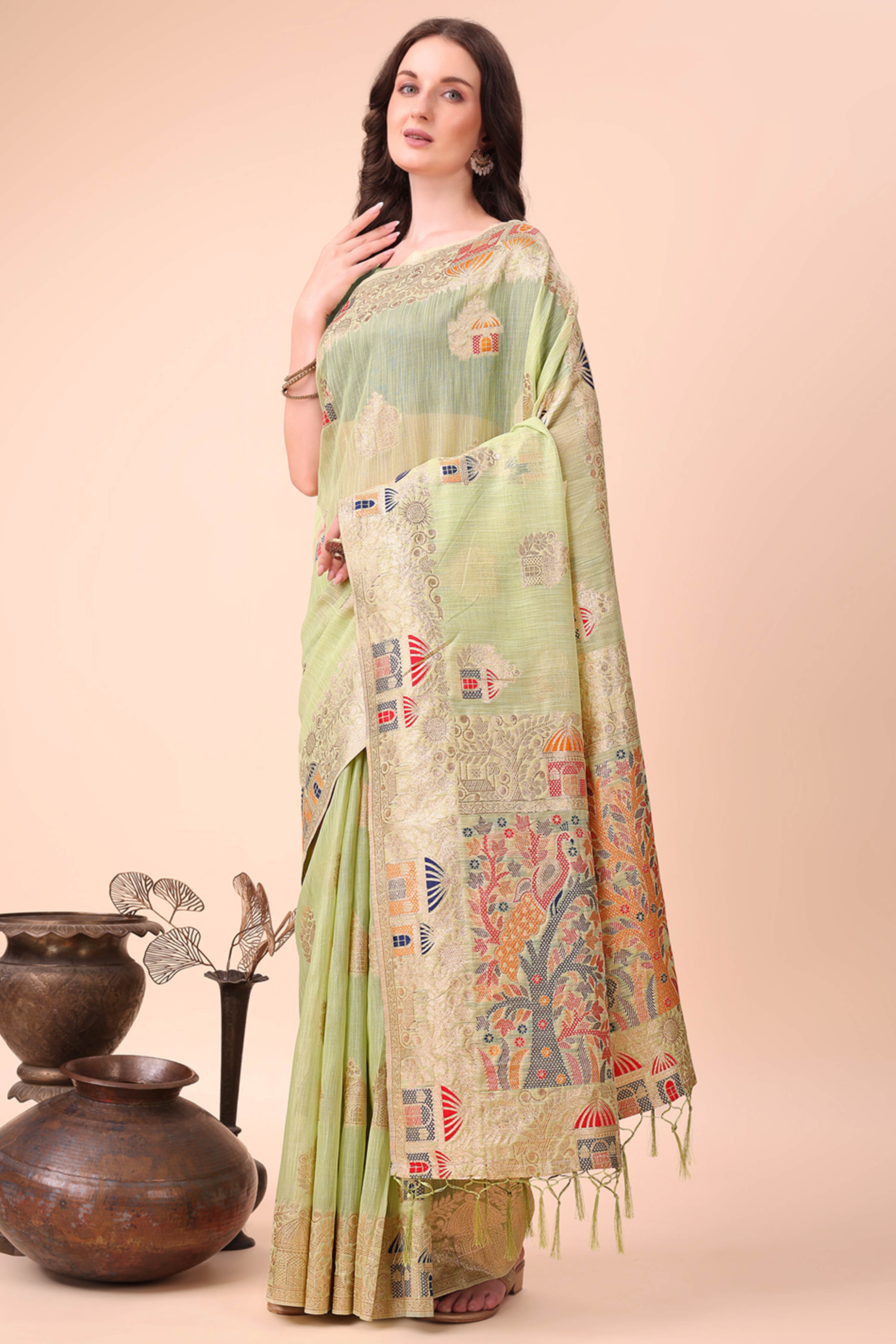 Light Green Zari Woven Linen Cotton Saree With Graceful Tassels
