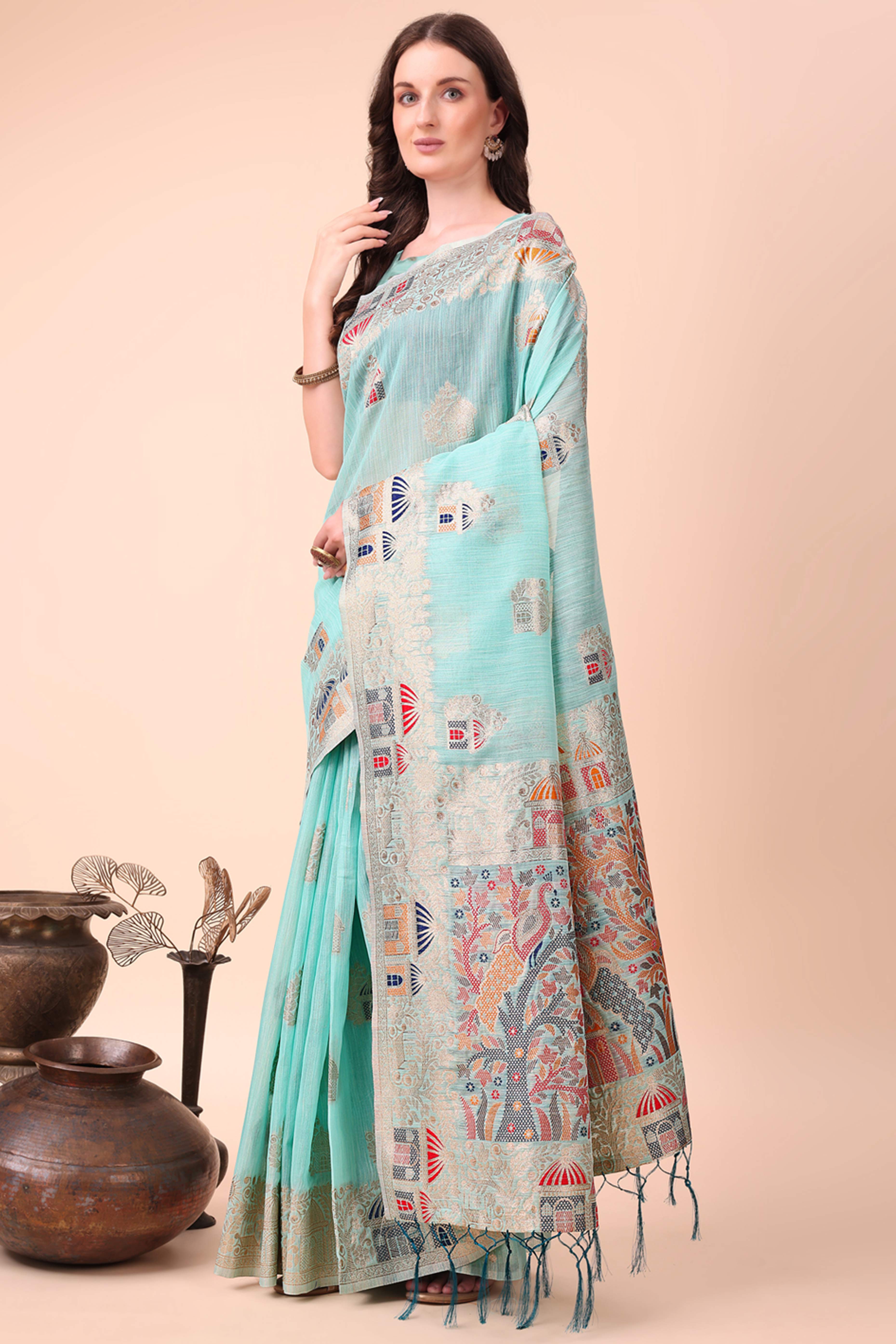 Turquoise Zari Woven Linen Cotton Saree With Graceful Tassels