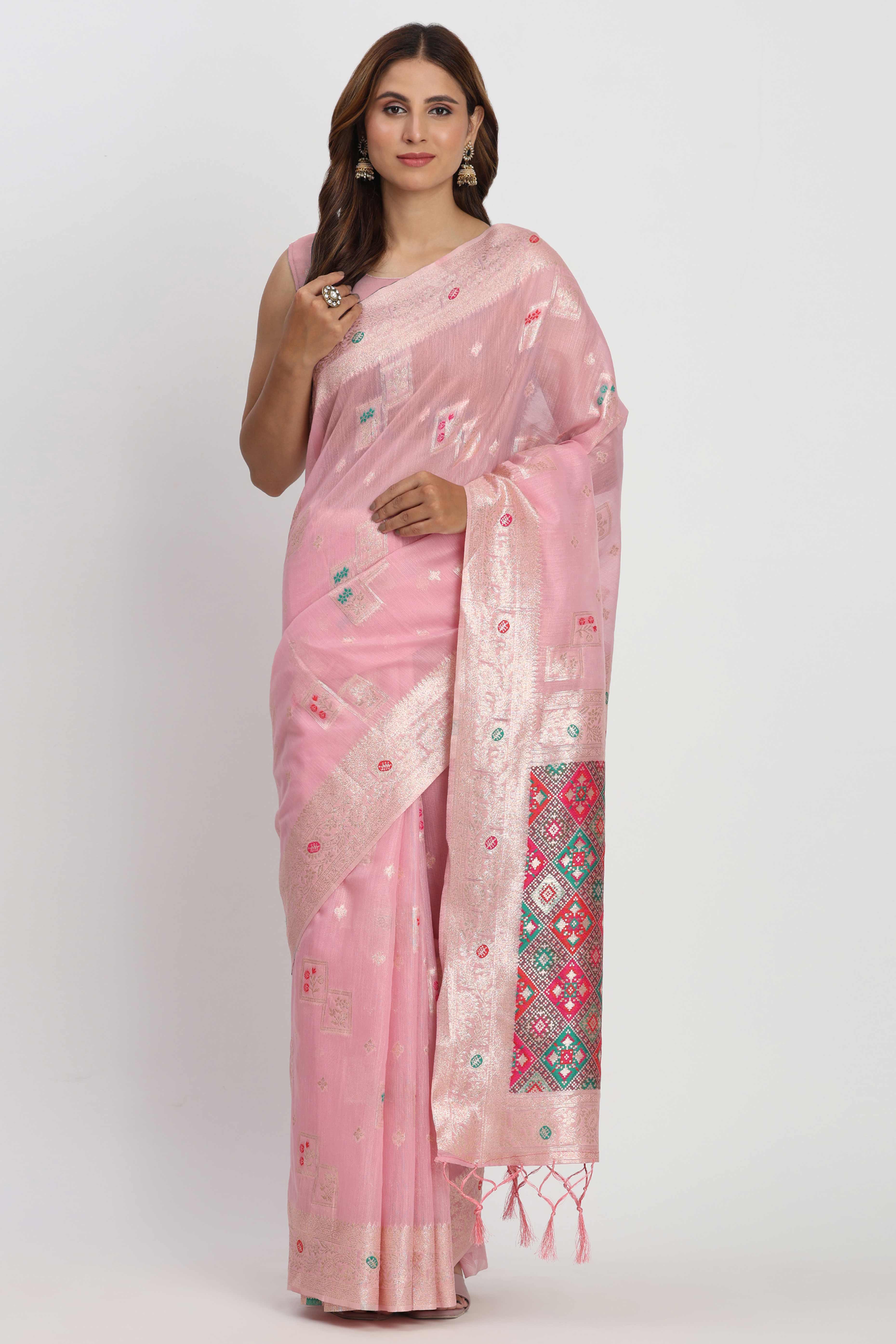 Floral Zari Weaving Brings Regal Beauty To This Light Pink Linen Cotton Saree With Tassel Accents