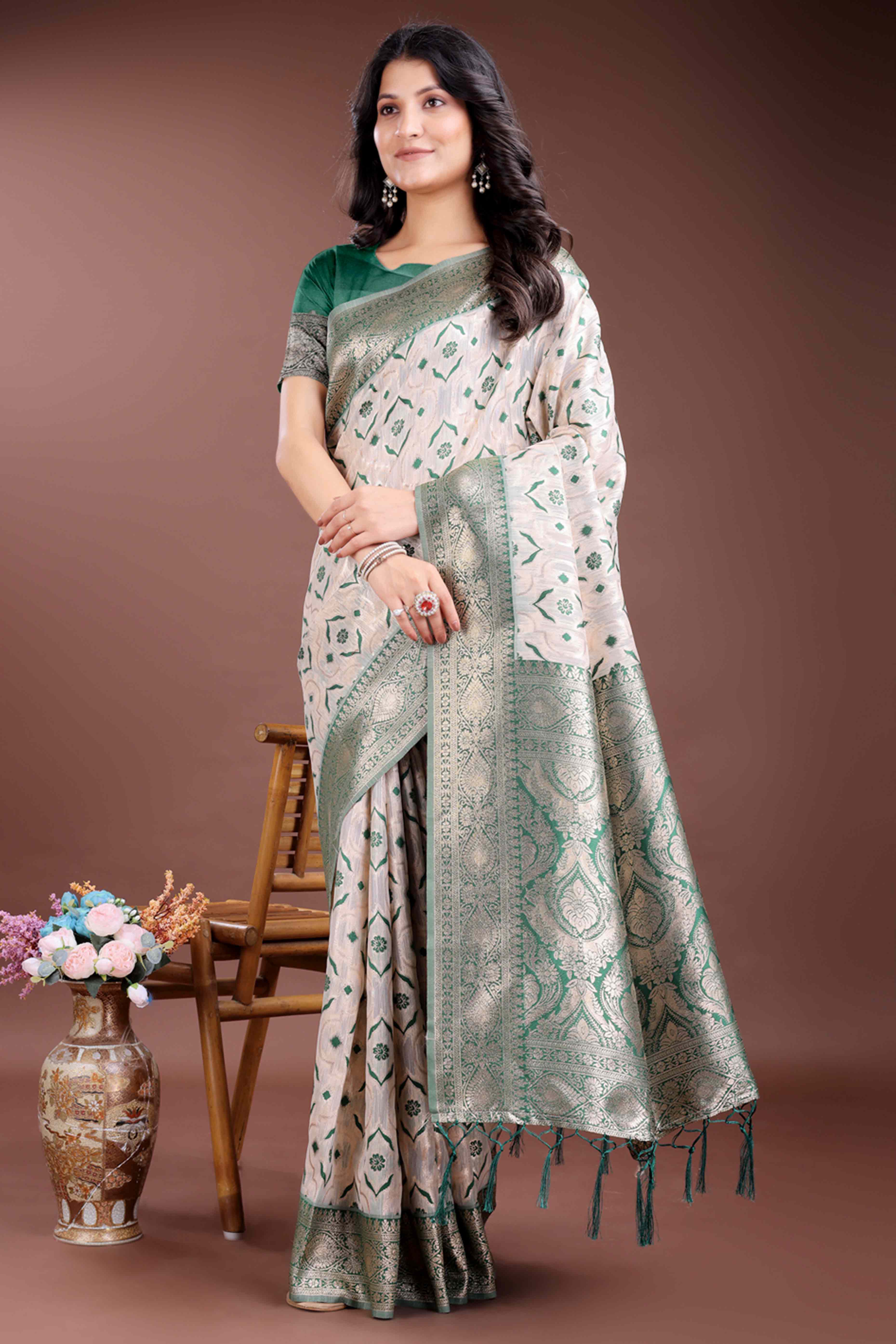 Refreshing Green Traditional Ikkat Style Zari Weaving Cotton Blend Saree with Harmonious Tassels