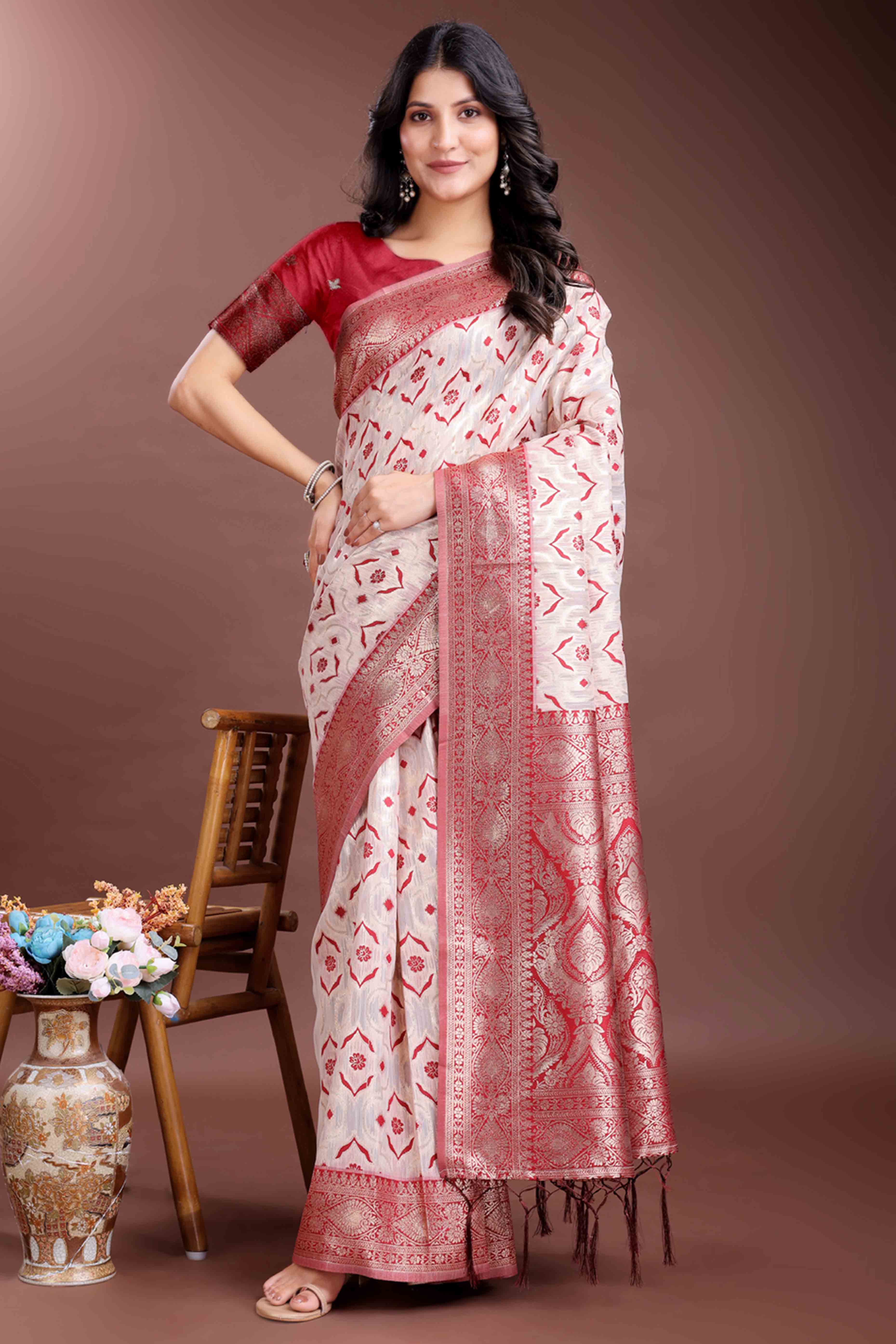 Passionate Red Traditional Ikkat Style Zari Weaving Cotton Blend Saree with Striking Tassel Ornaments