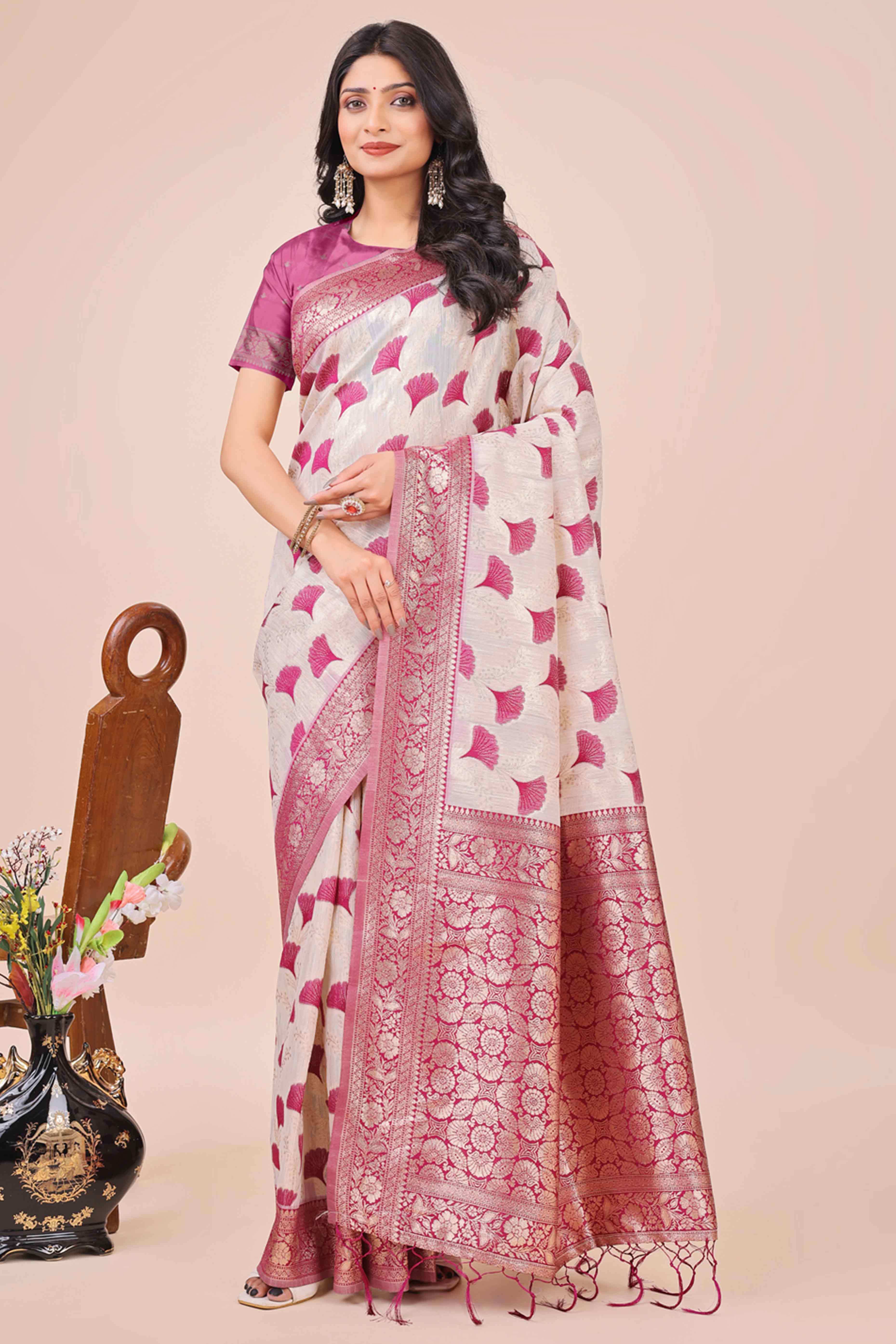 Dark Magenta Saree In Linen Cotton With Beautiful Floral Woven Patterns & a Tassel
