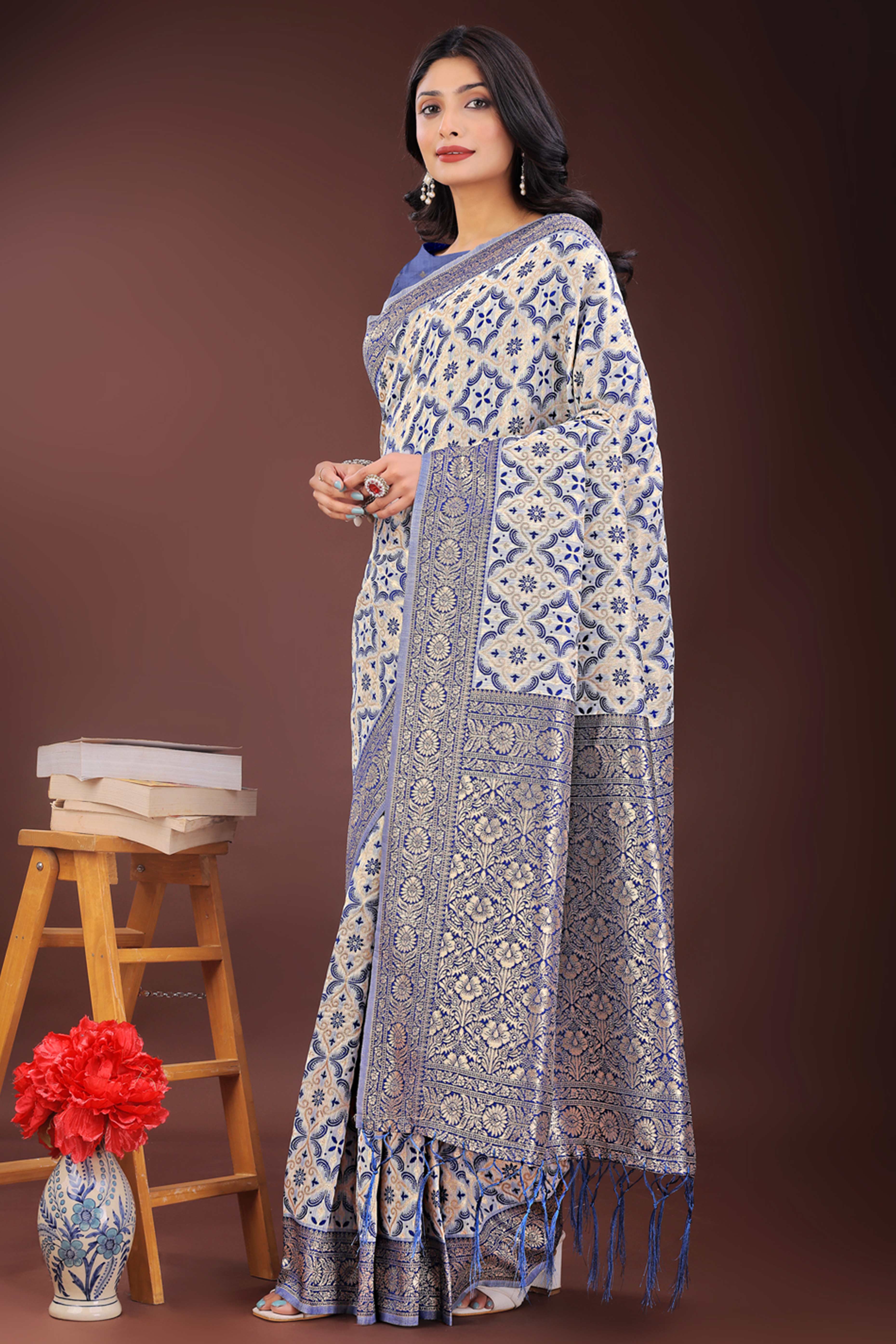 Blue Cotton Blend Saree with Woven Floral Brocade Patterns and Tasseled Borders