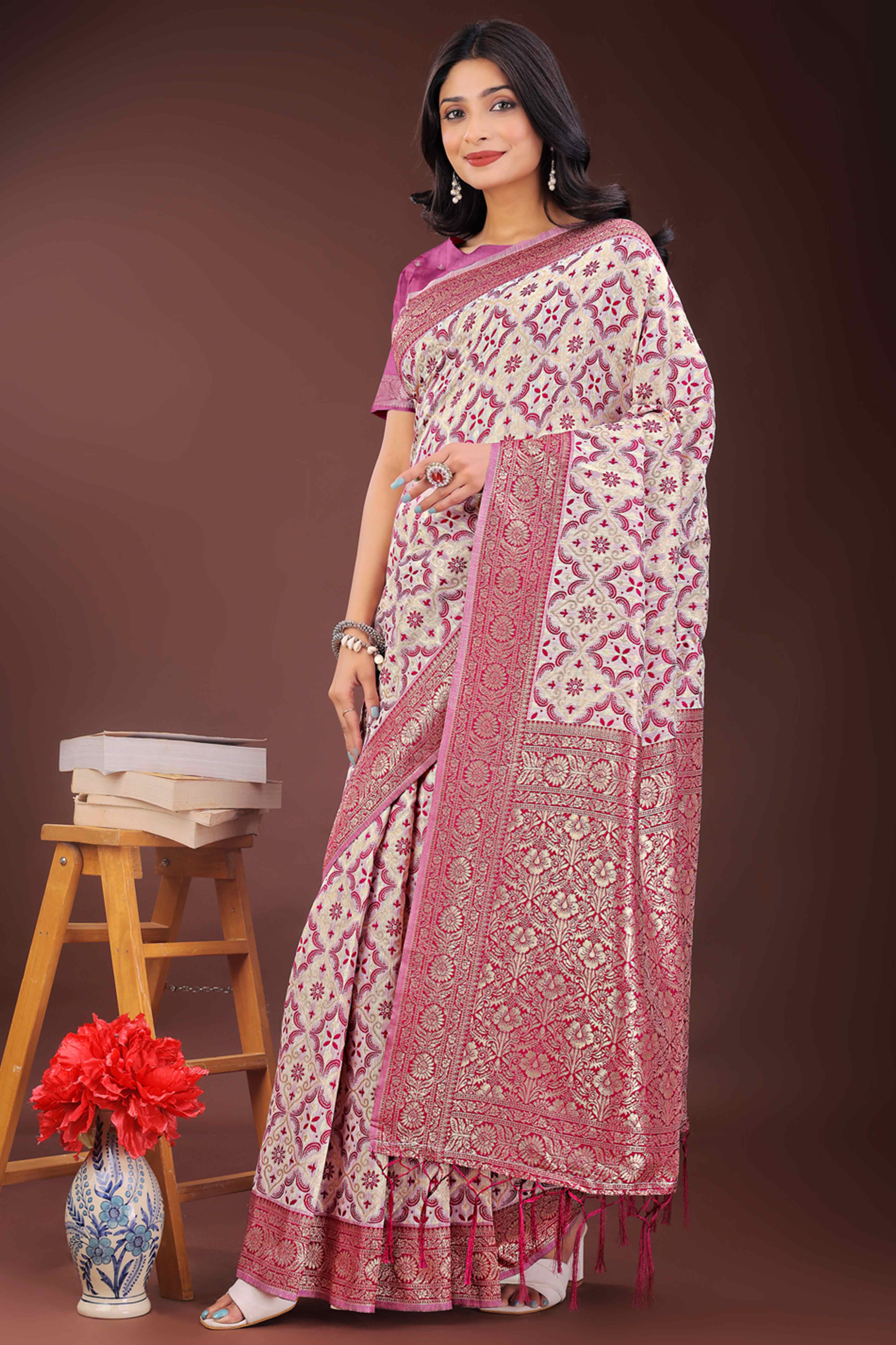 Pink Cotton Blend Saree with Woven Floral Brocade Patterns and Tasseled Borders