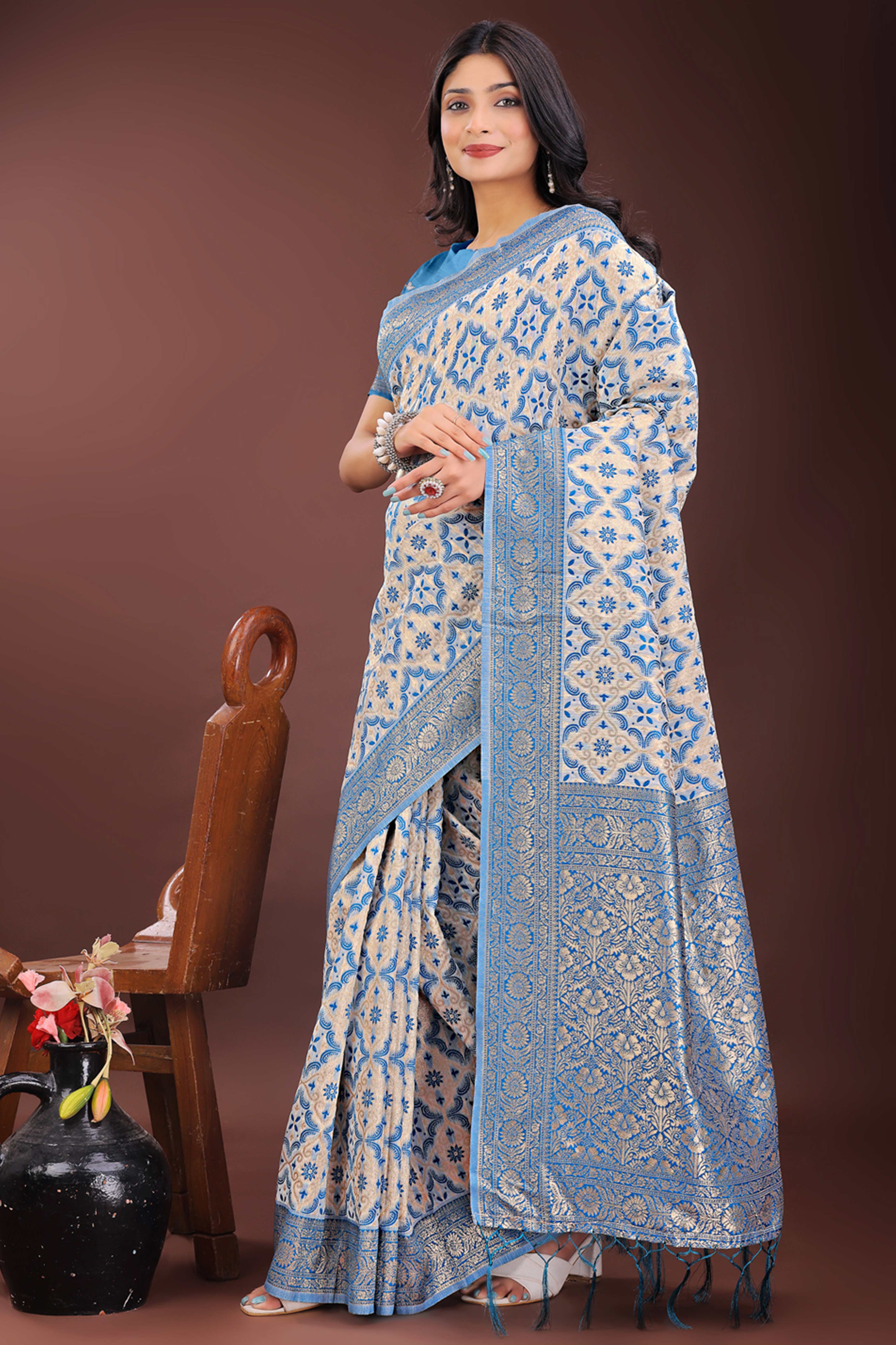 Sky Blue Cotton Blend Saree with Woven Floral Brocade Patterns and Tasseled Borders