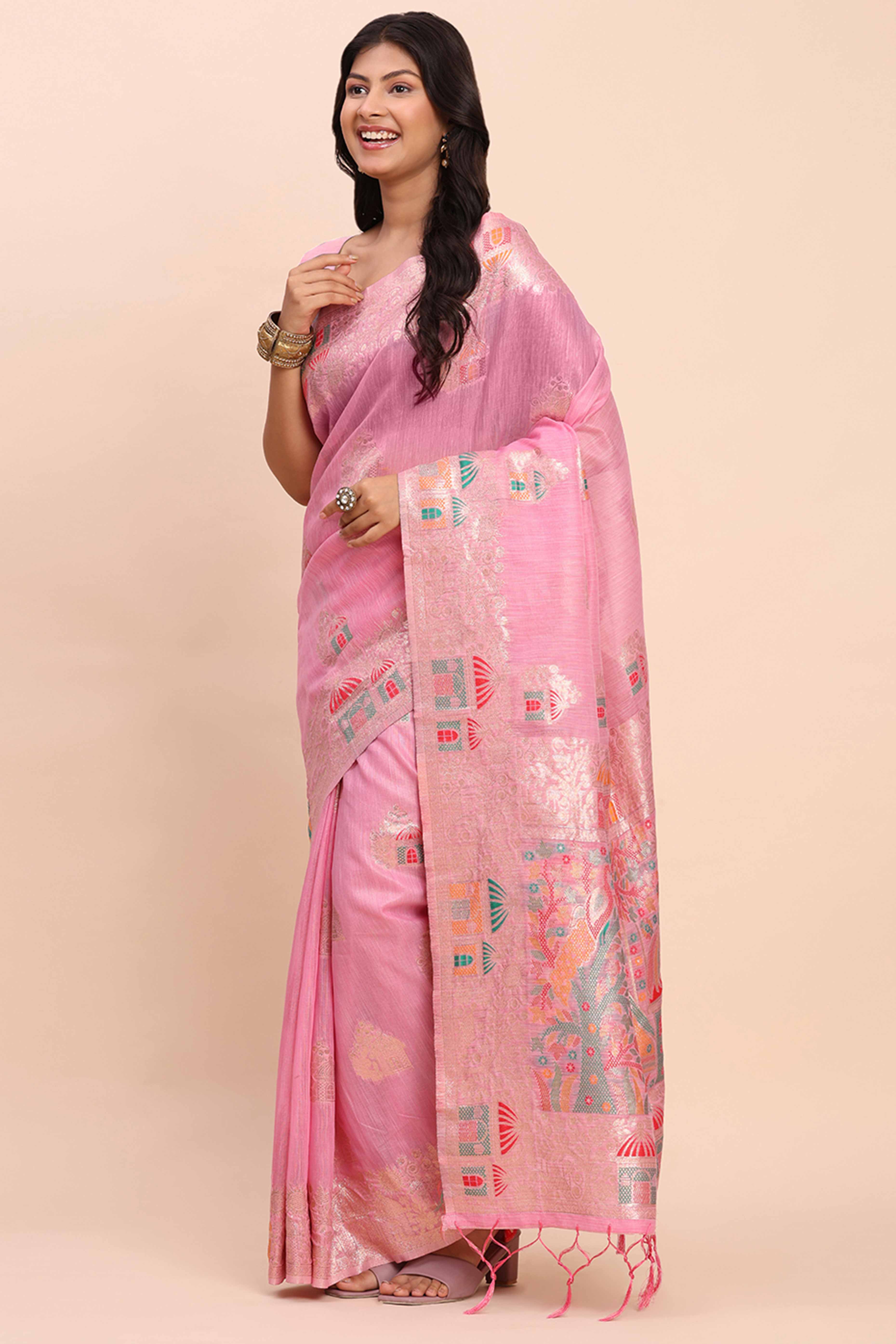 Pink Bloom Zari Woven Linen Cotton Saree Adorned With Floral Motifs & A Tassel Finish