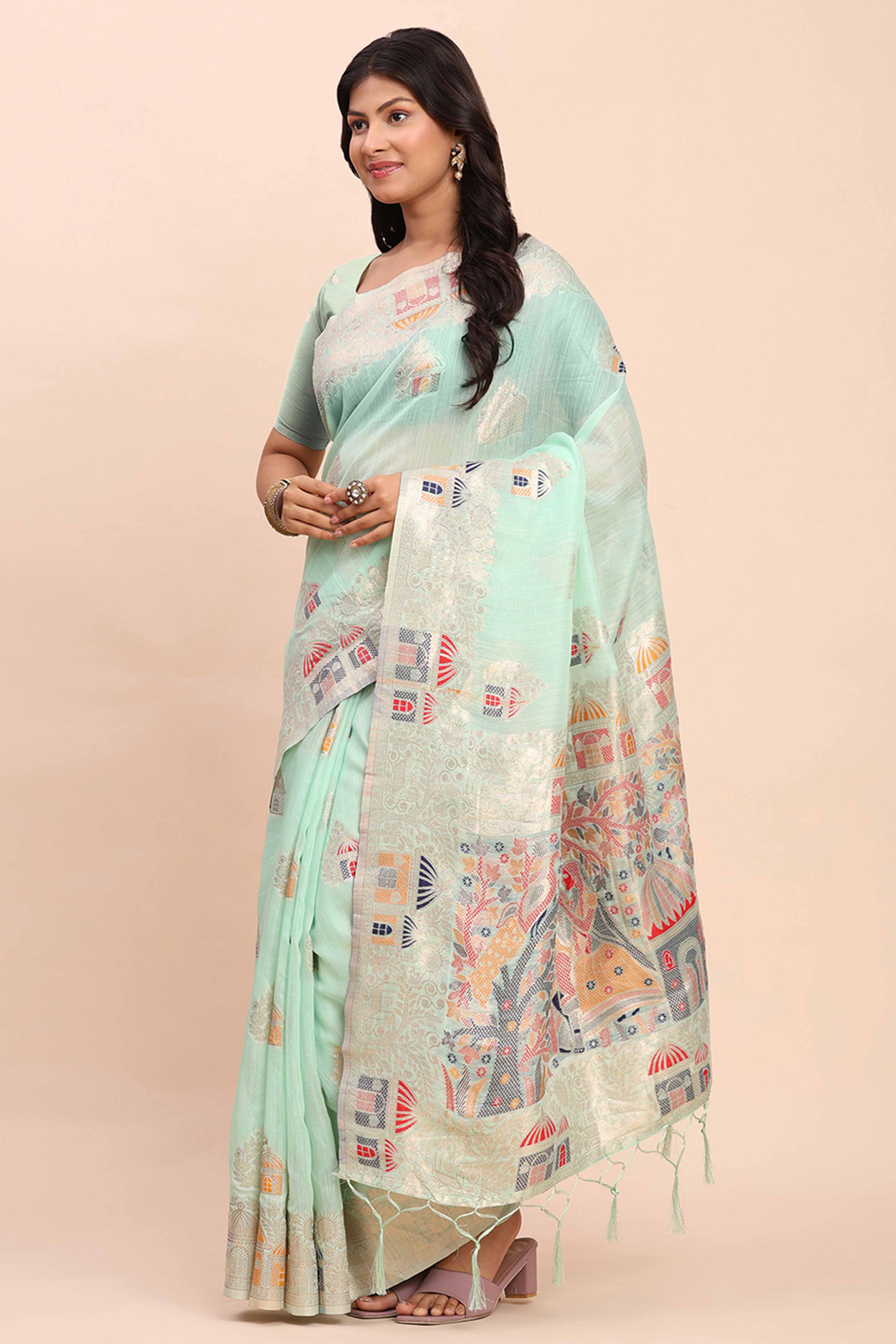 Sea Green Bloom Zari Woven Linen Cotton Saree Adorned With Floral Motifs & A Tassel Finish