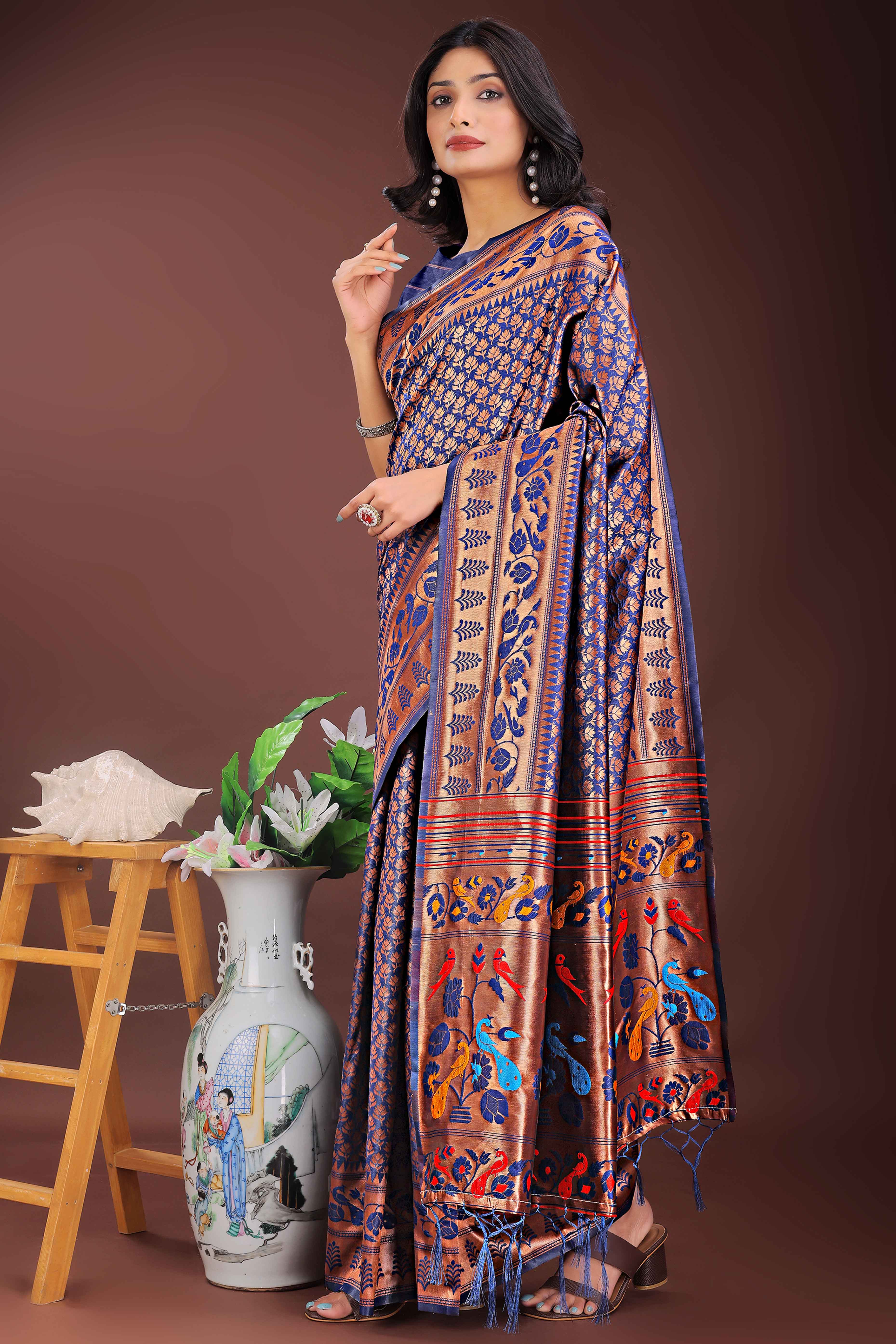 Navy Blue Silk Banarasi Saree with Stunning Zari Woven Brocade Patterns