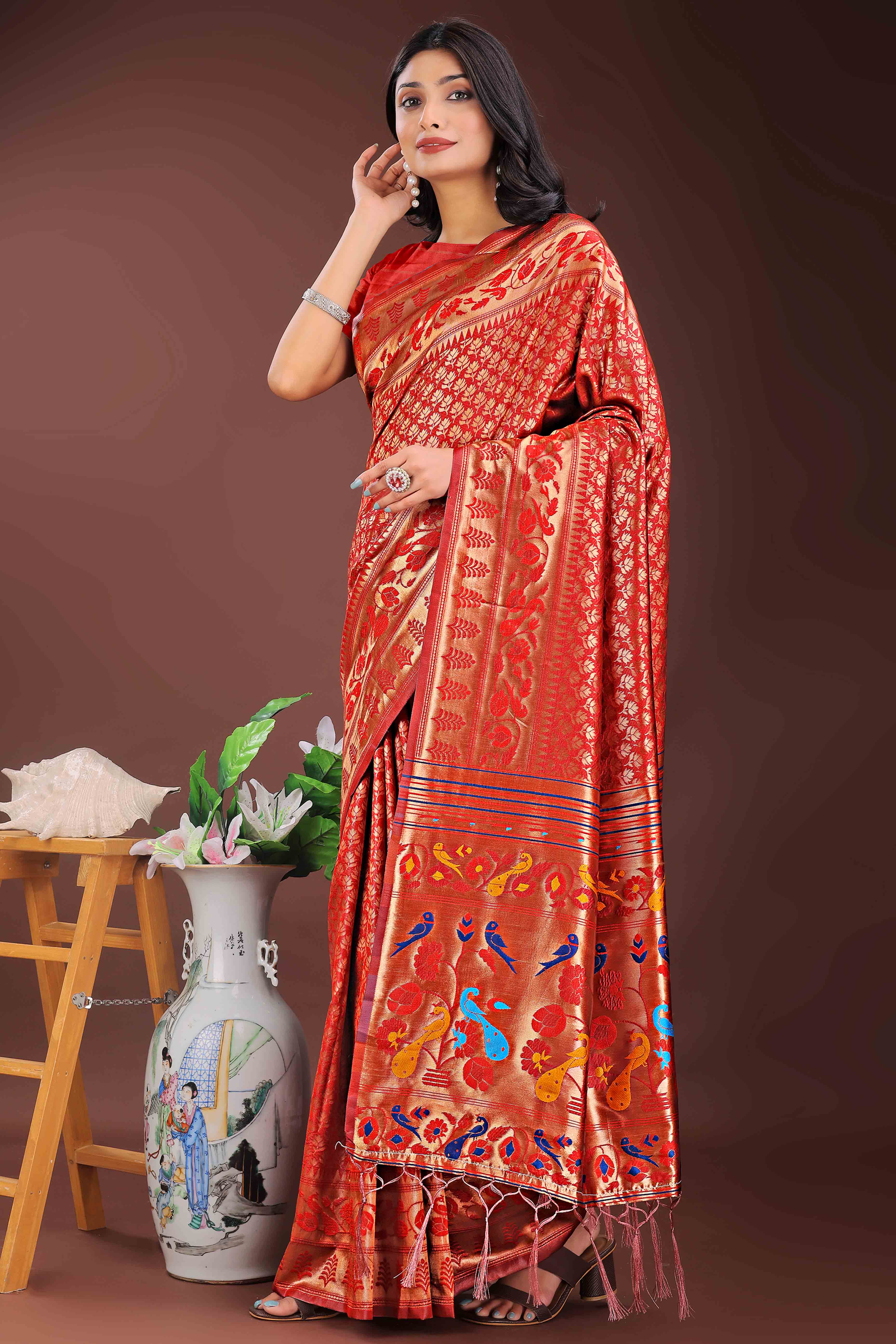 Red Silk Banarasi Saree with Stunning Zari Woven Brocade Patterns