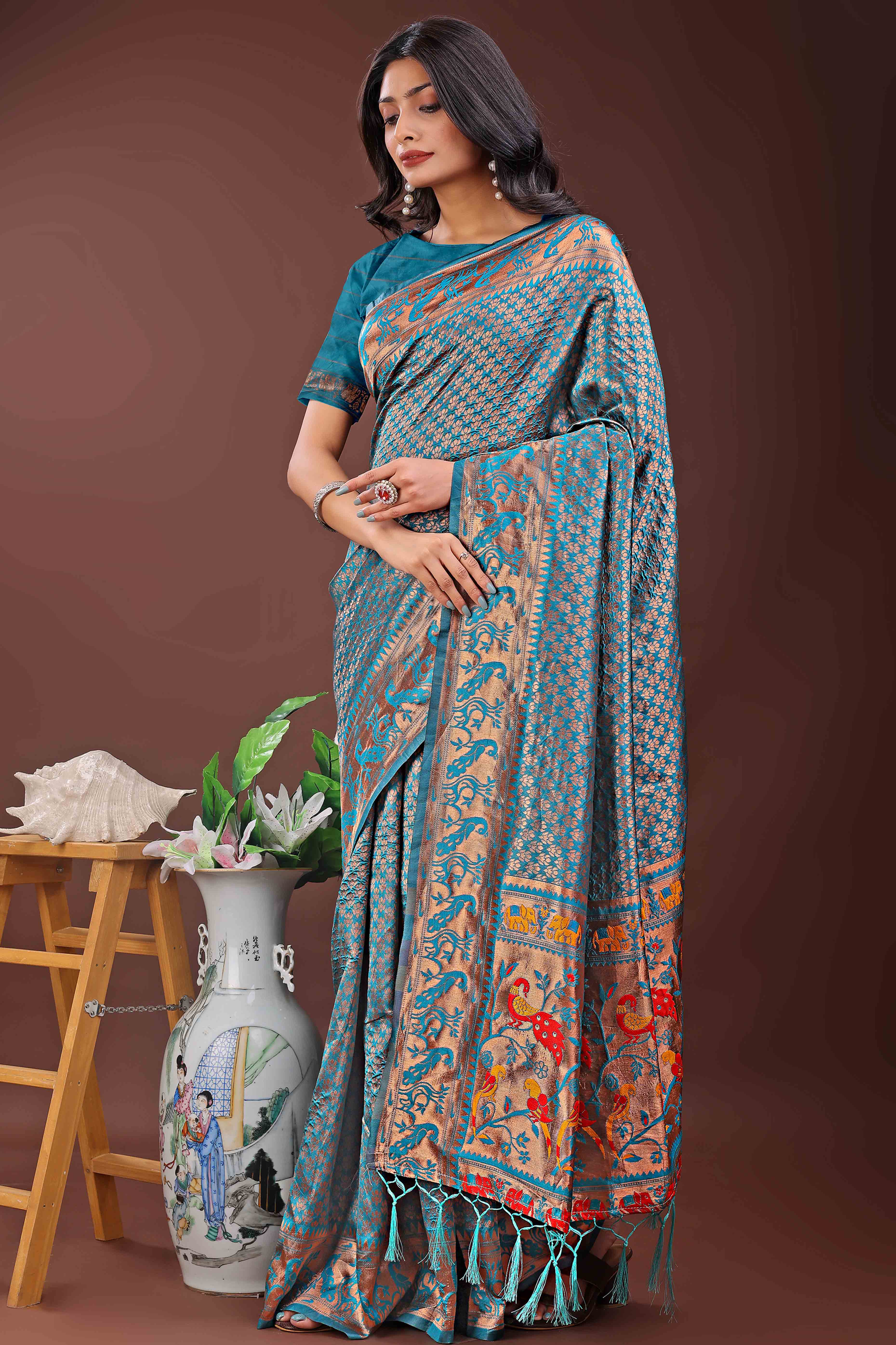 Teal Saree in Banarasi Silk with Luxurious Zari Brocade Weaving