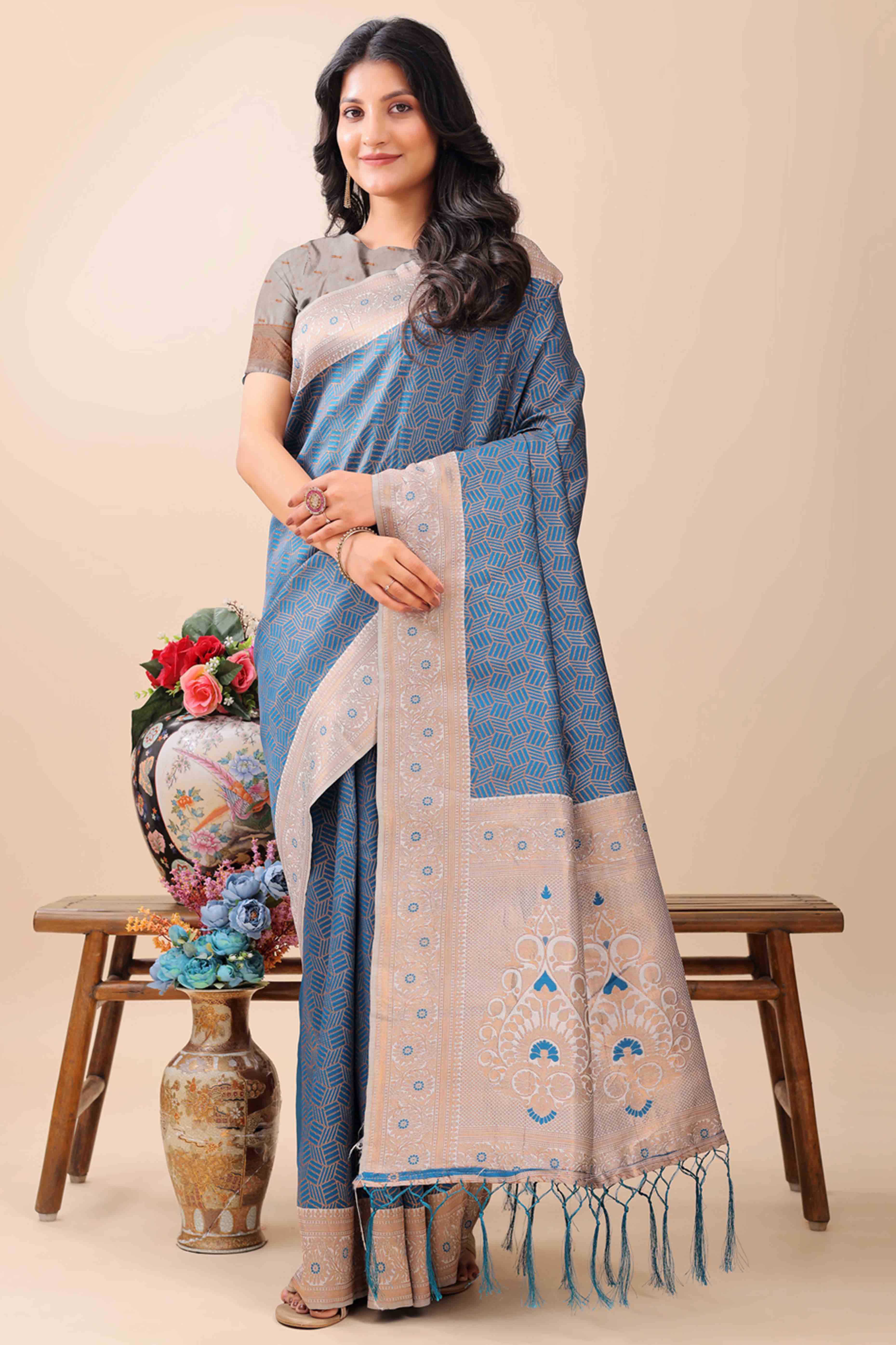 Blue Lichi Cotton Silk Saree With Intricate Zari Weaving In Floral & Geometric Patterns