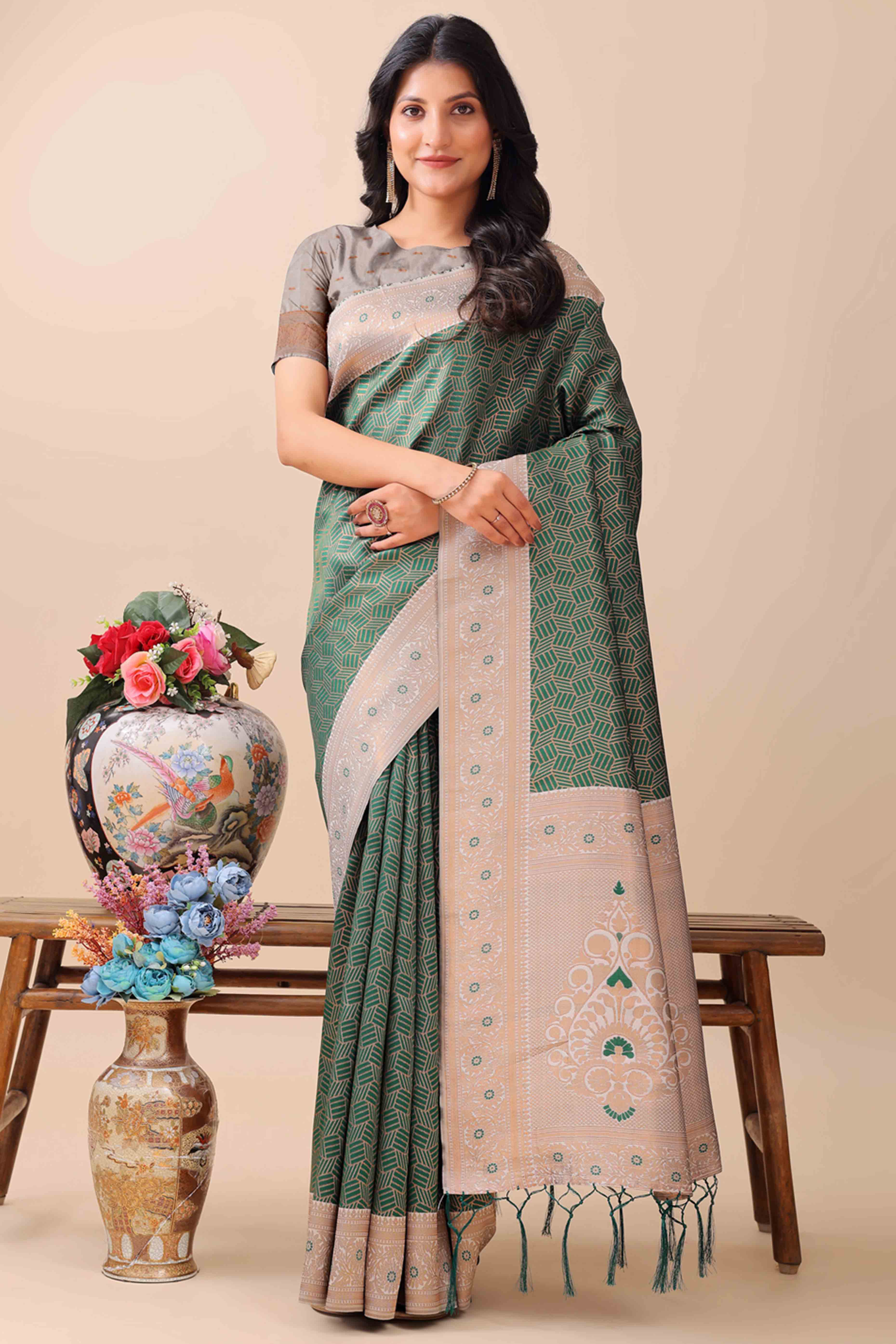 Green Lichi Cotton Silk Saree With Intricate Zari Weaving In Floral & Geometric Patterns