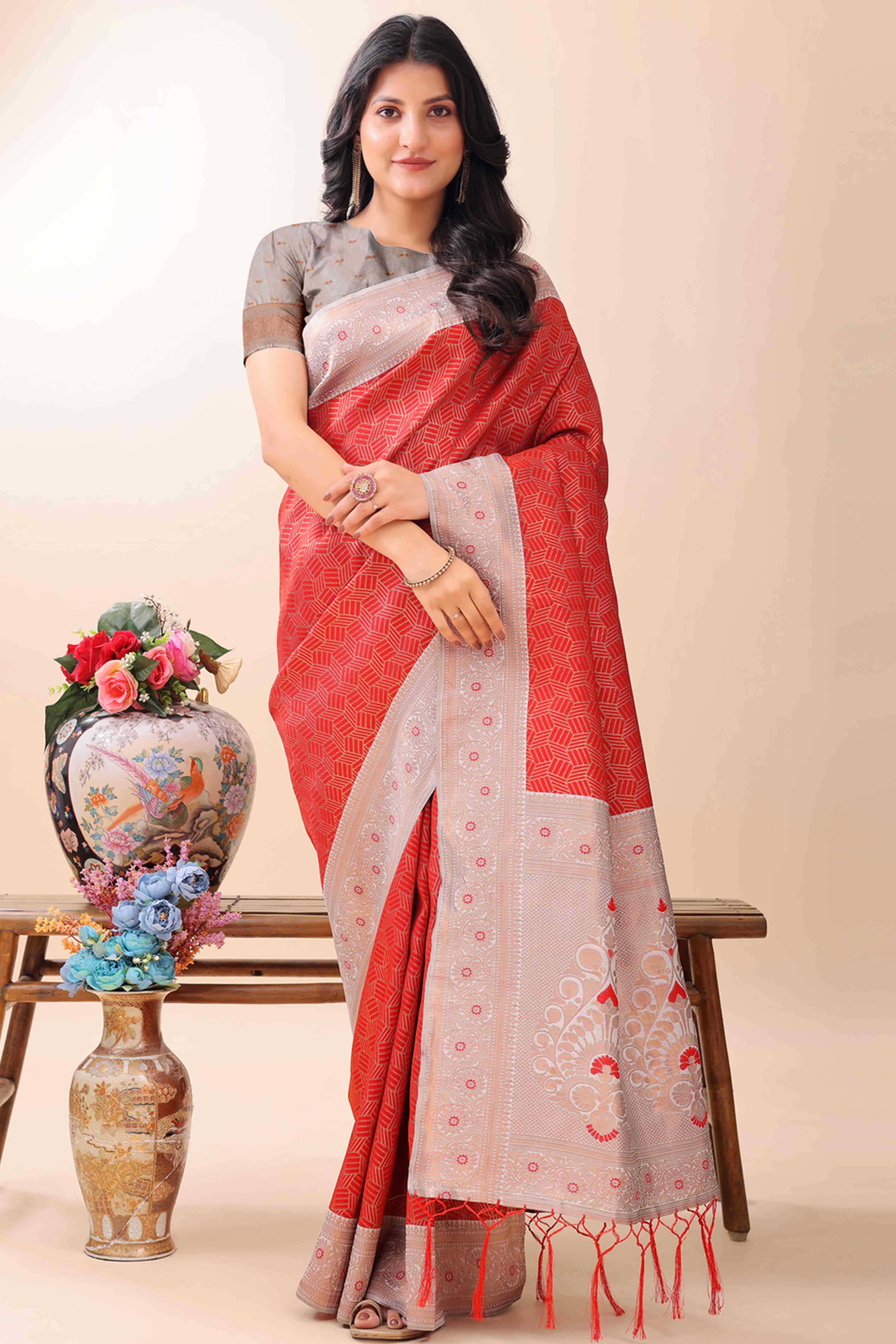 Red Lichi Cotton Silk Saree With Intricate Zari Weaving In Floral & Geometric Patterns
