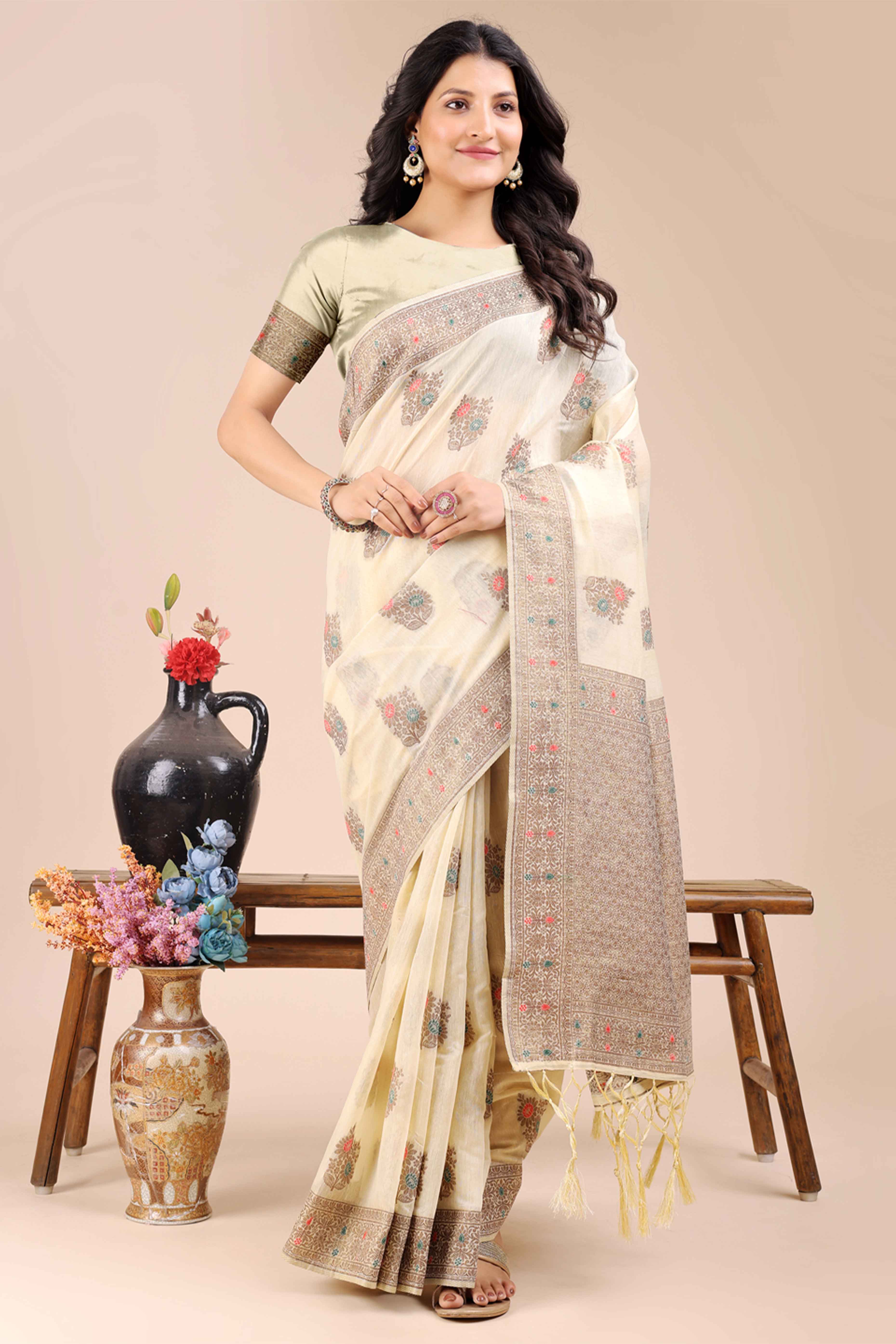 Cream Saree in Cotton Silk with Heritage Inspired Zari Woven Accents