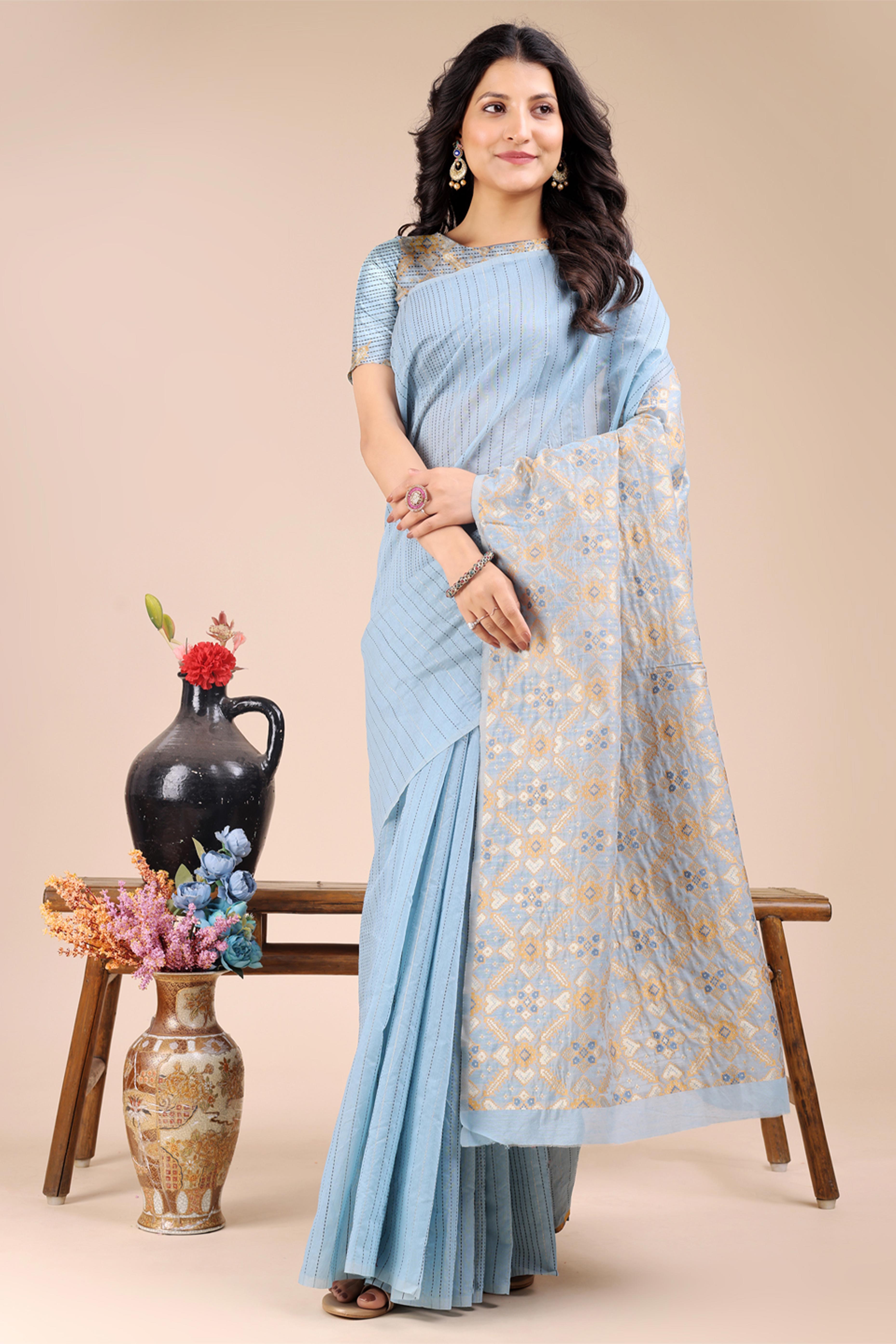 Sky Blue Saree in Cotton Silk with Heritage Inspired Zari Woven Accents