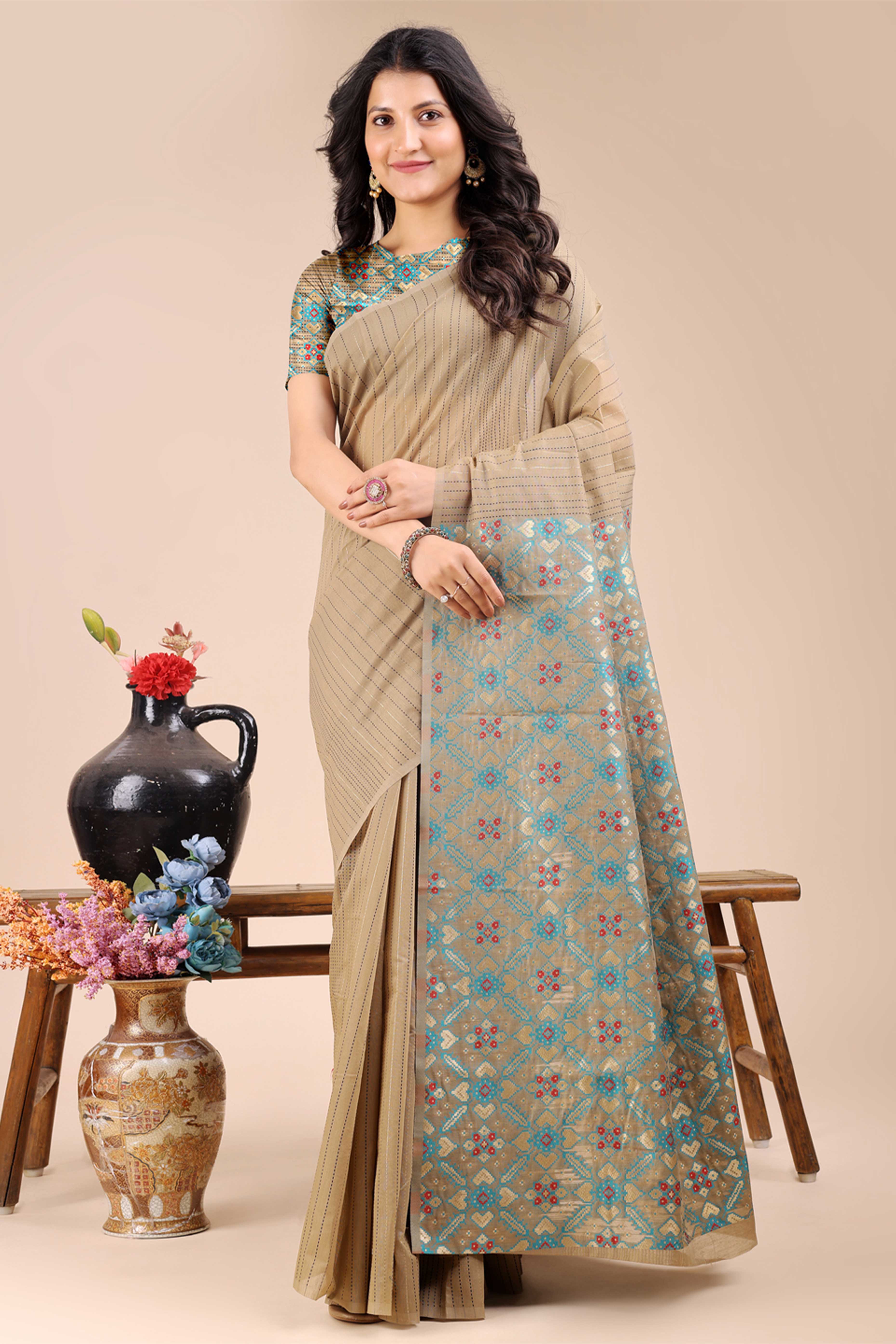 Beige Saree in Cotton Silk with Heritage Inspired Zari Woven Accents
