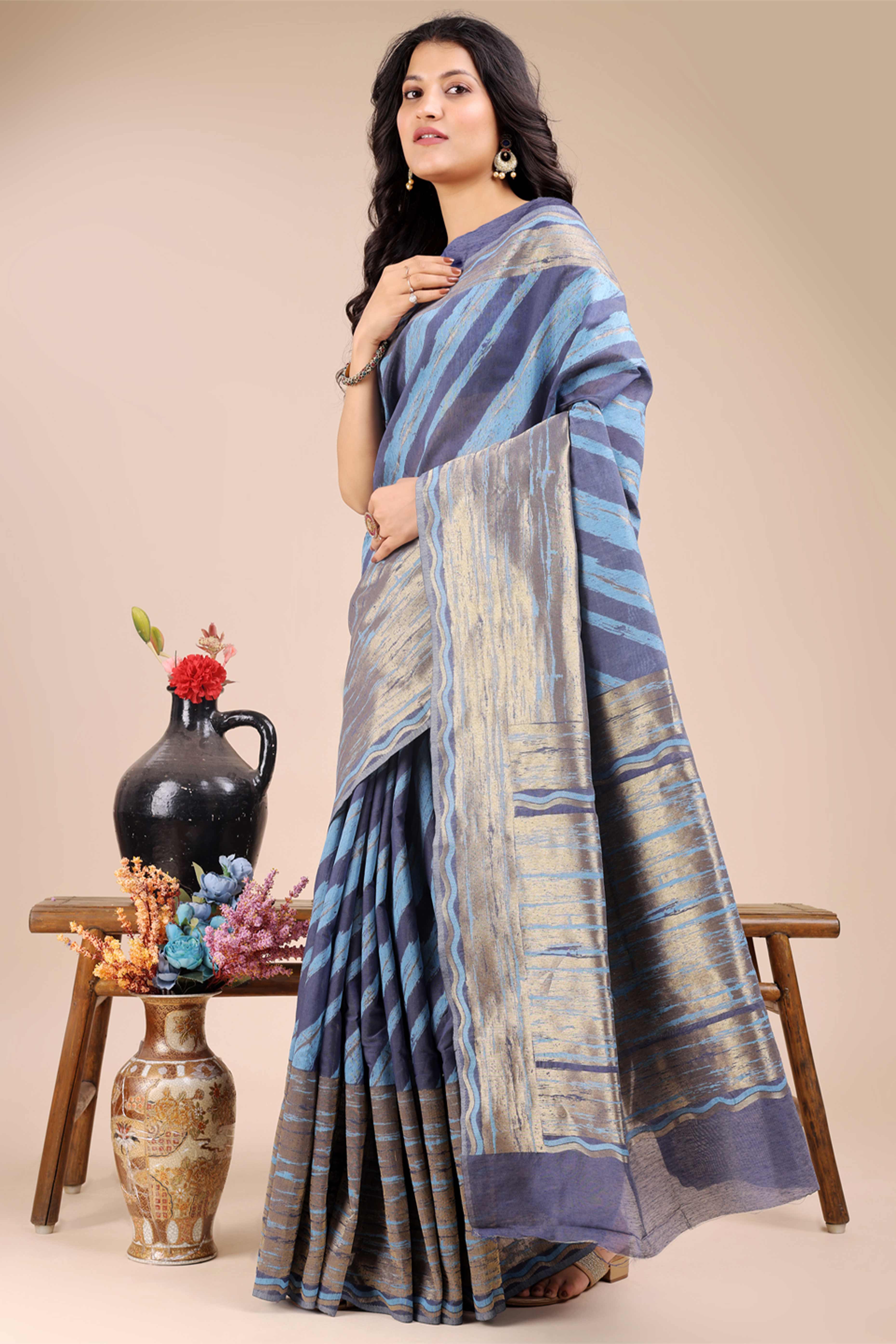 Blue Saree in Cotton Silk with Heritage Inspired Zari Woven Accents