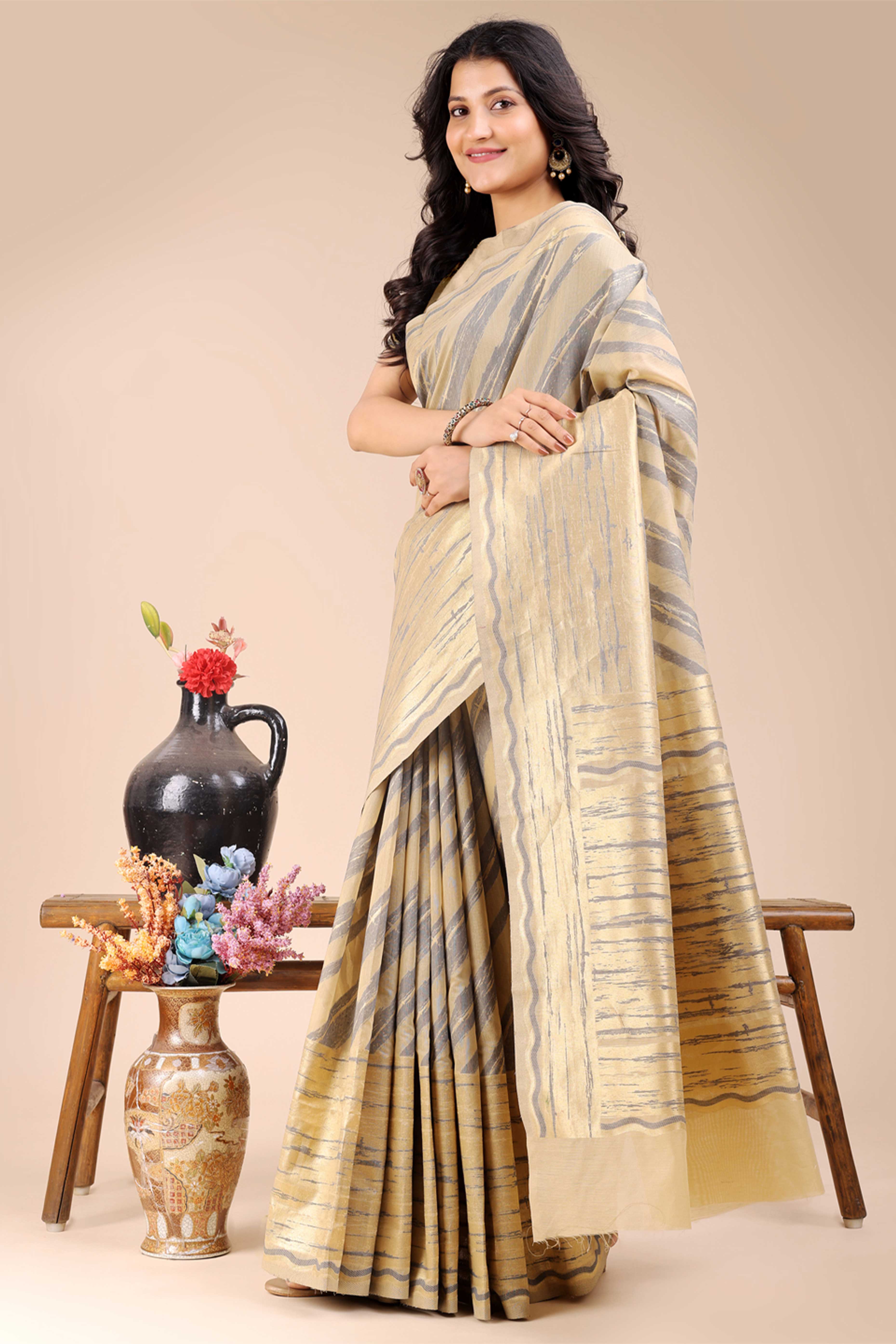 Cream Saree in Cotton Silk with Heritage Inspired Zari Woven Accents