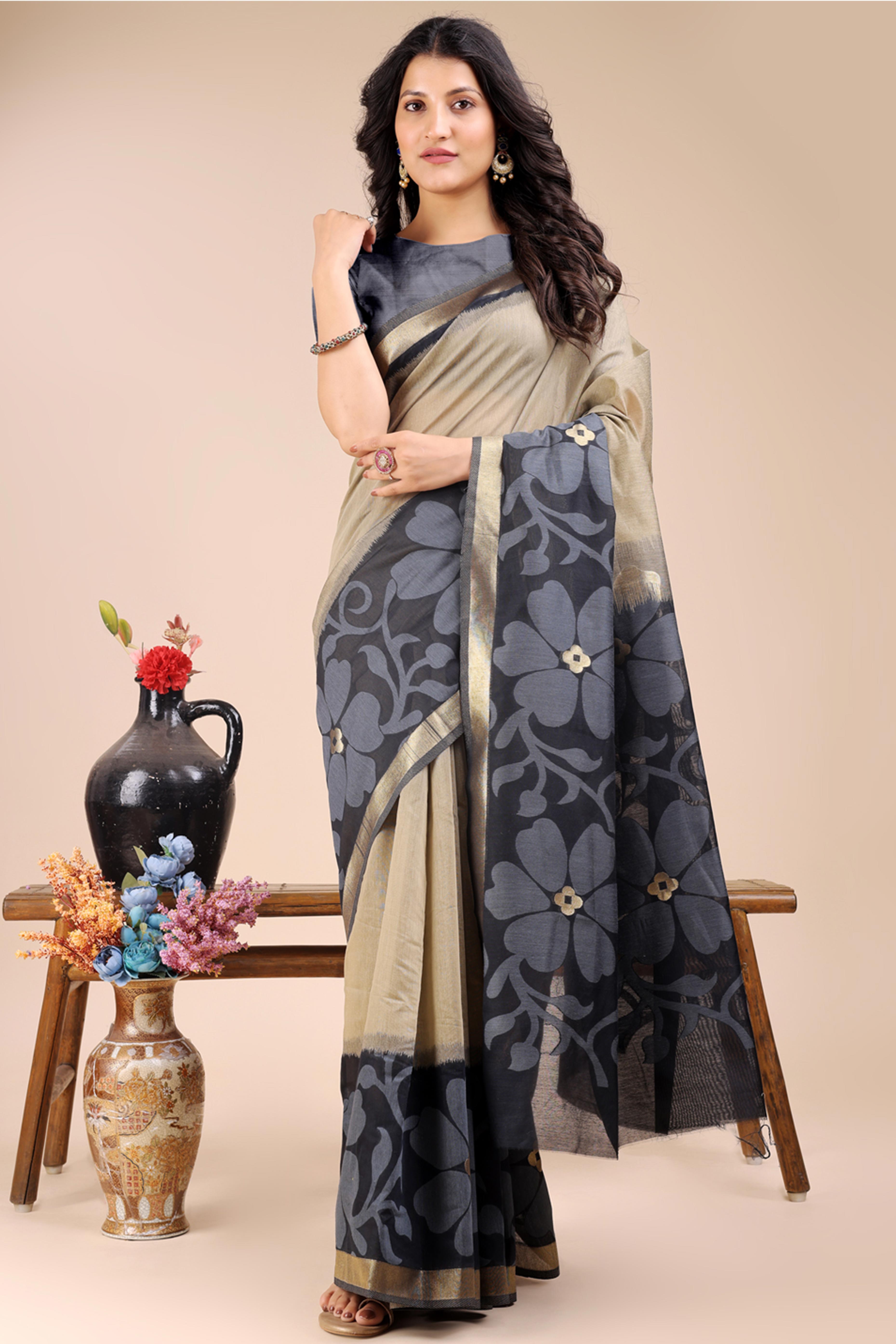 Beige & Black Saree in Cotton Silk with Heritage Inspired Zari Woven Accents