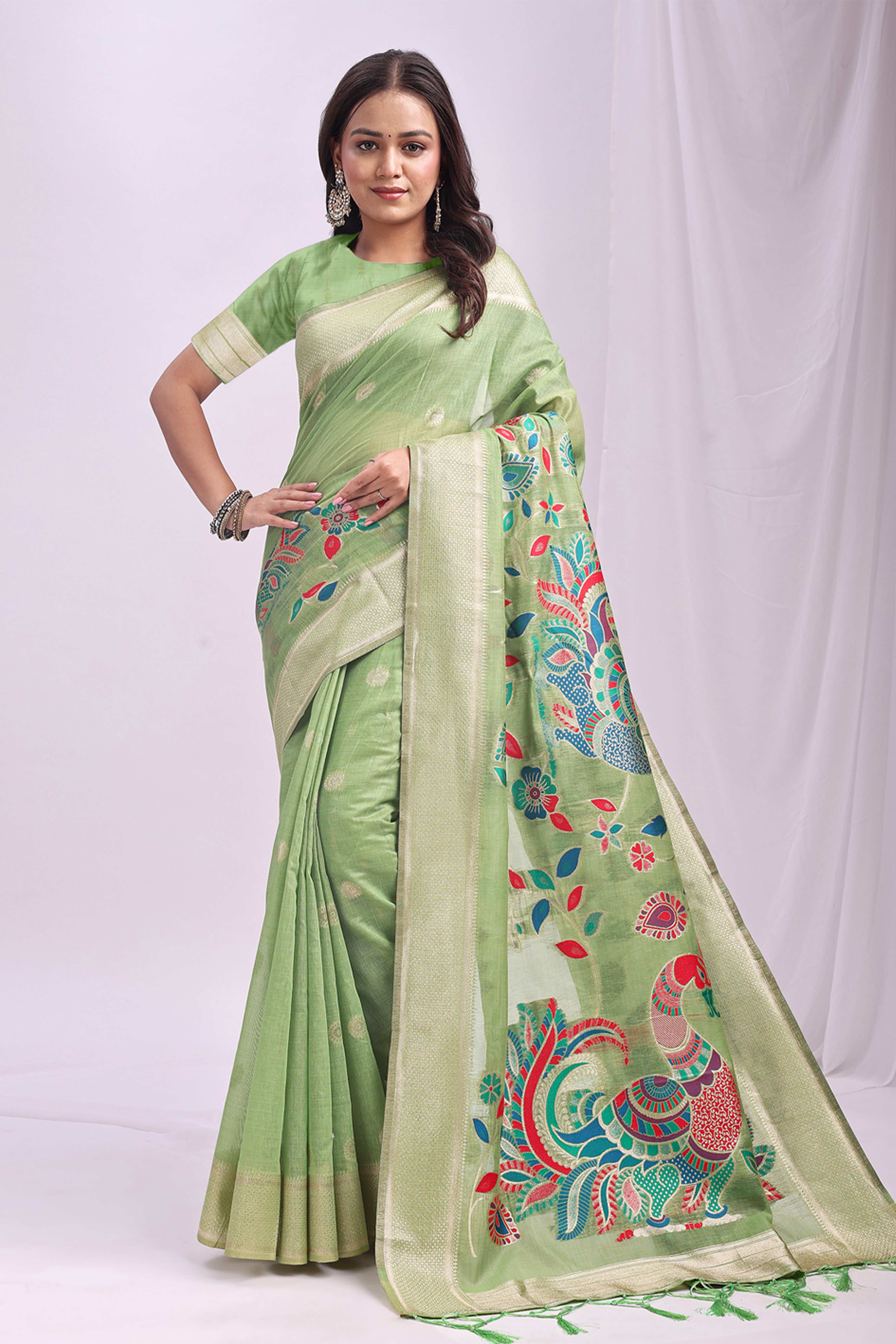 Light Green Floral Woven Linen Cotton Saree Accented With Peacock Motif Pallu & Zari Border
