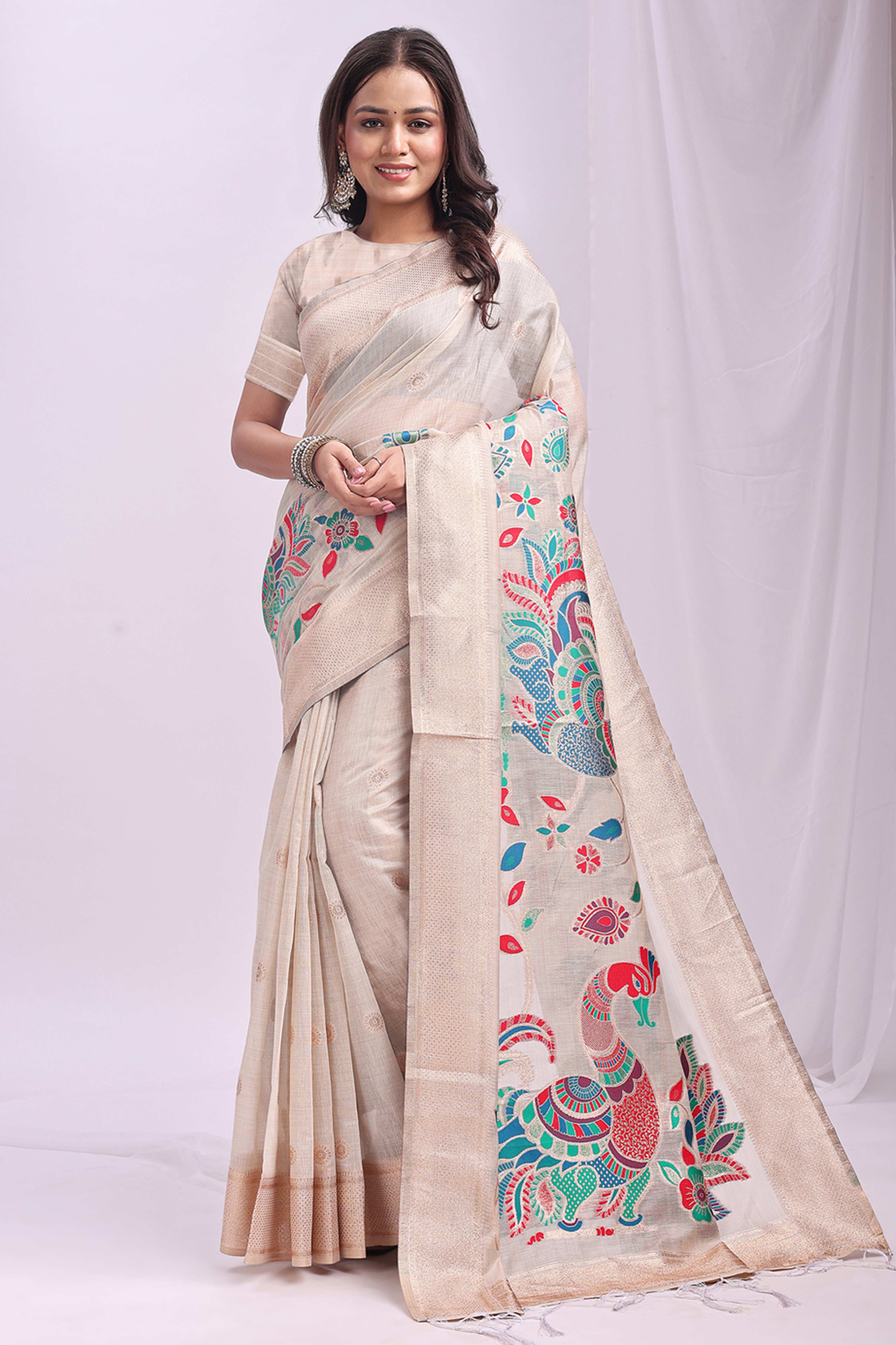 Cream Floral Woven Linen Cotton Saree Accented With Peacock Motif Pallu & Zari Border