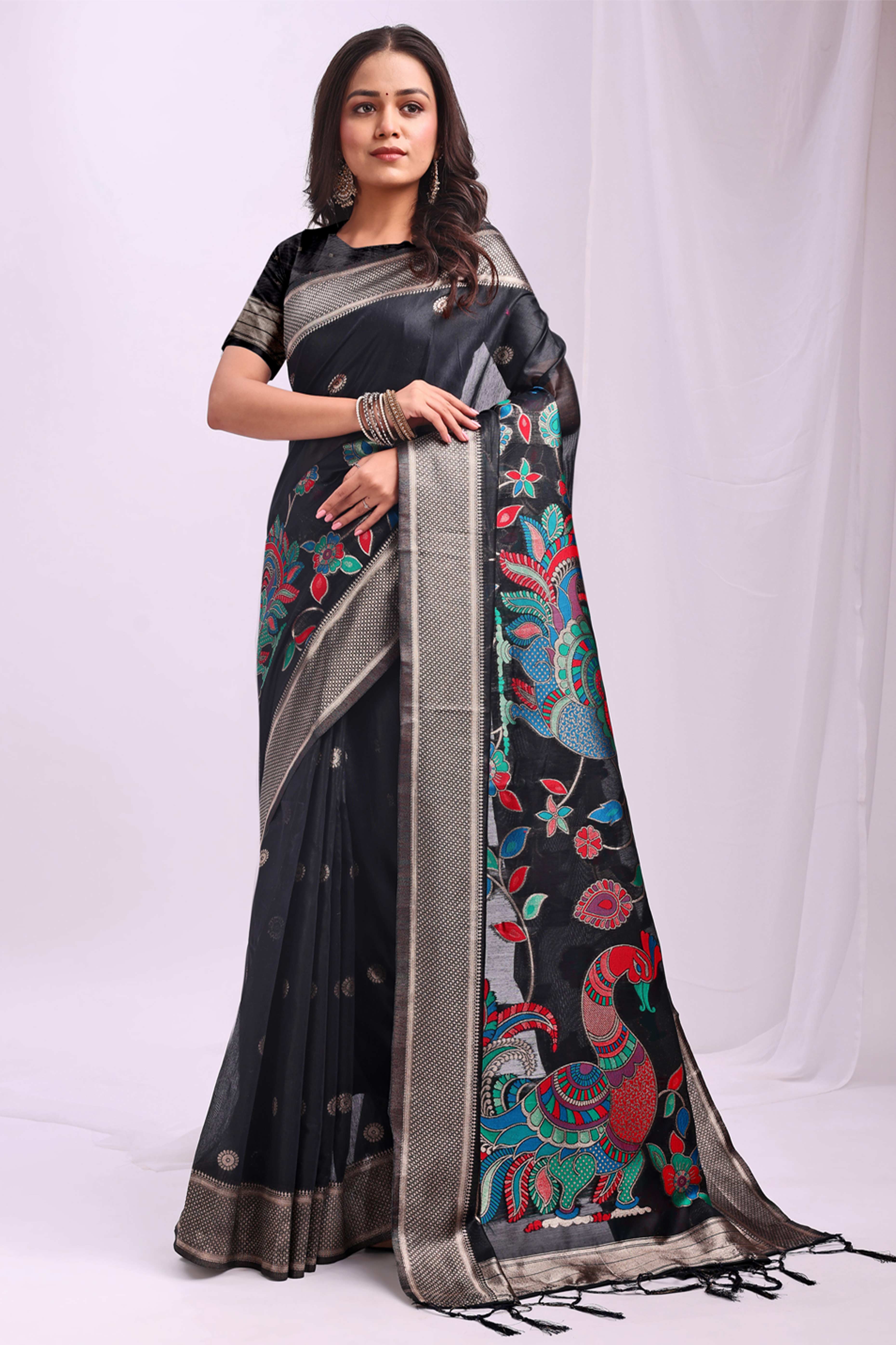 Black Floral Woven Linen Cotton Saree Accented With Peacock Motif Pallu & Zari Border