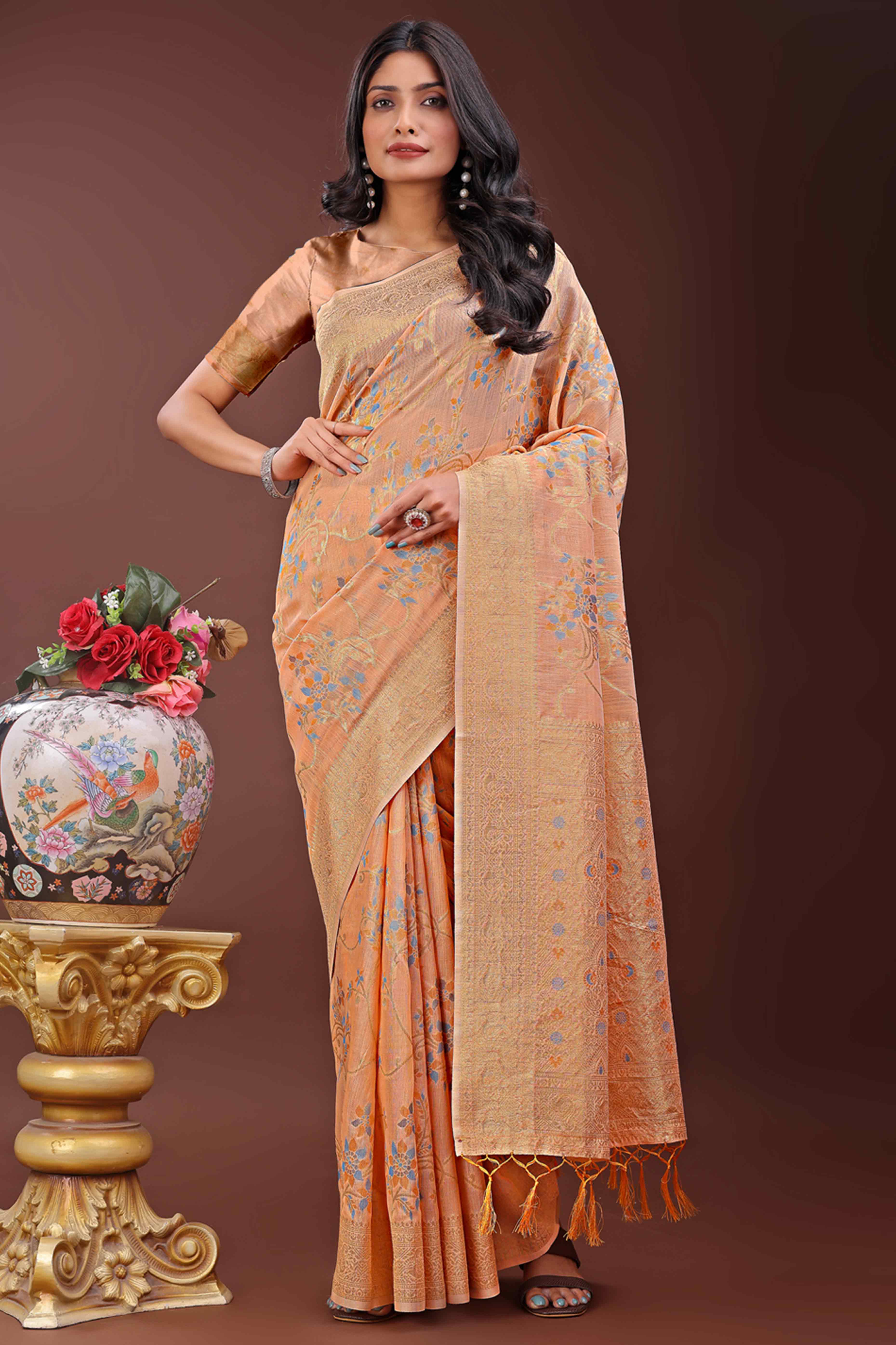 Orange Linen Cotton Saree With Intricate Floral Zari Weaving & Tassel Edge
