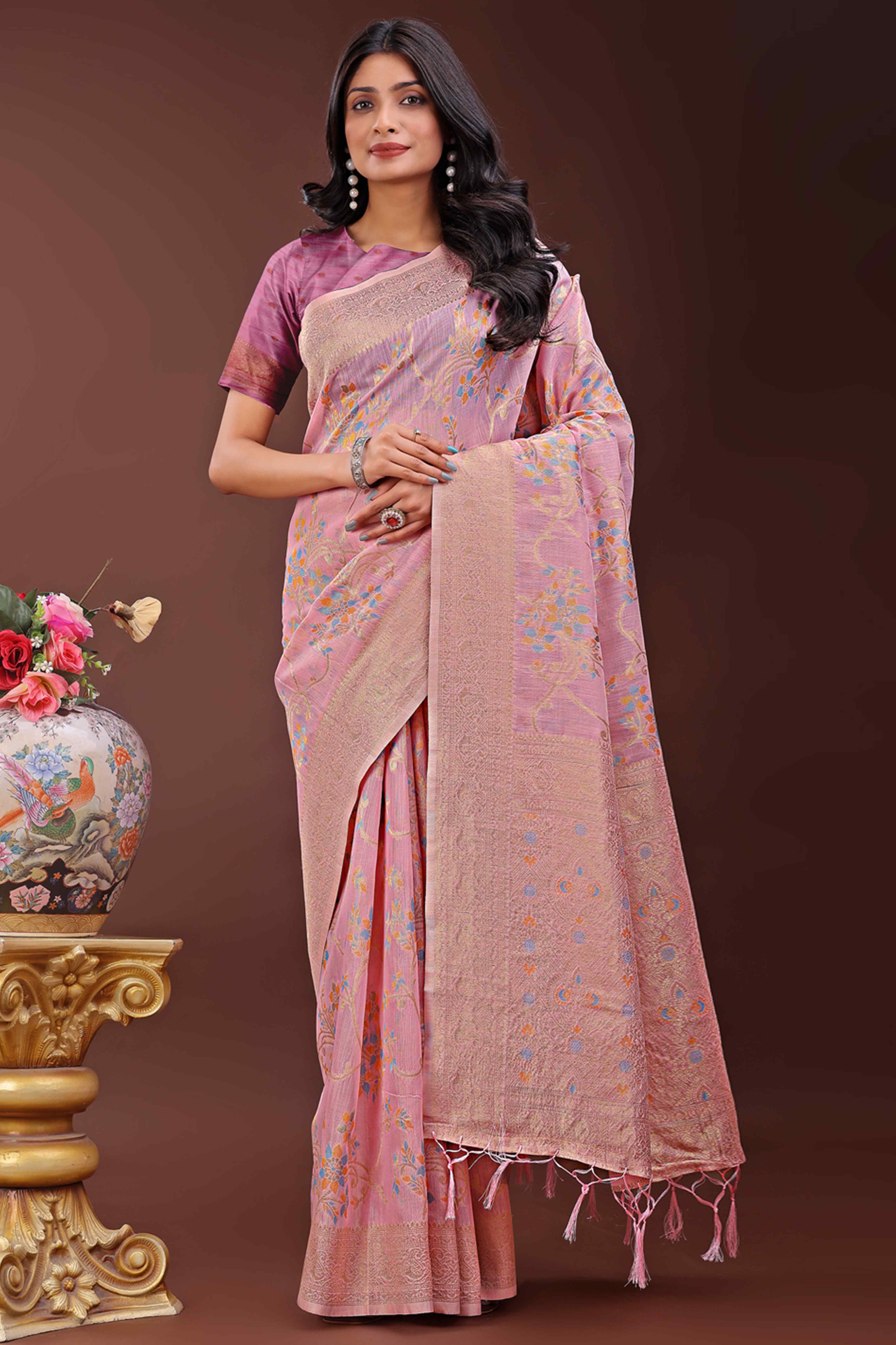 Light Pink Linen Cotton Saree With Intricate Floral Zari Weaving & Tassel Edge