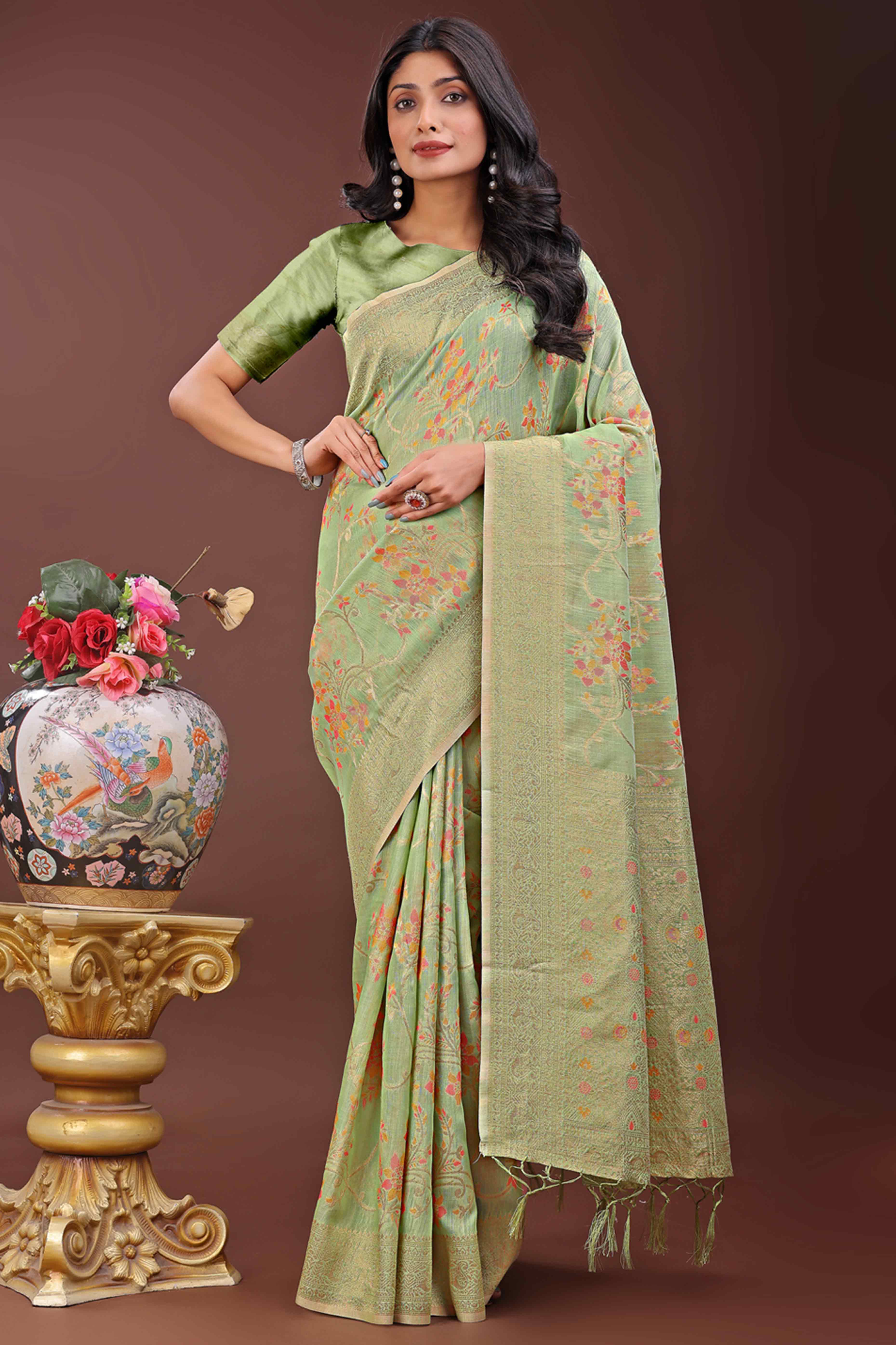 Green Linen Cotton Saree With Intricate Floral Zari Weaving & Tassel Edge
