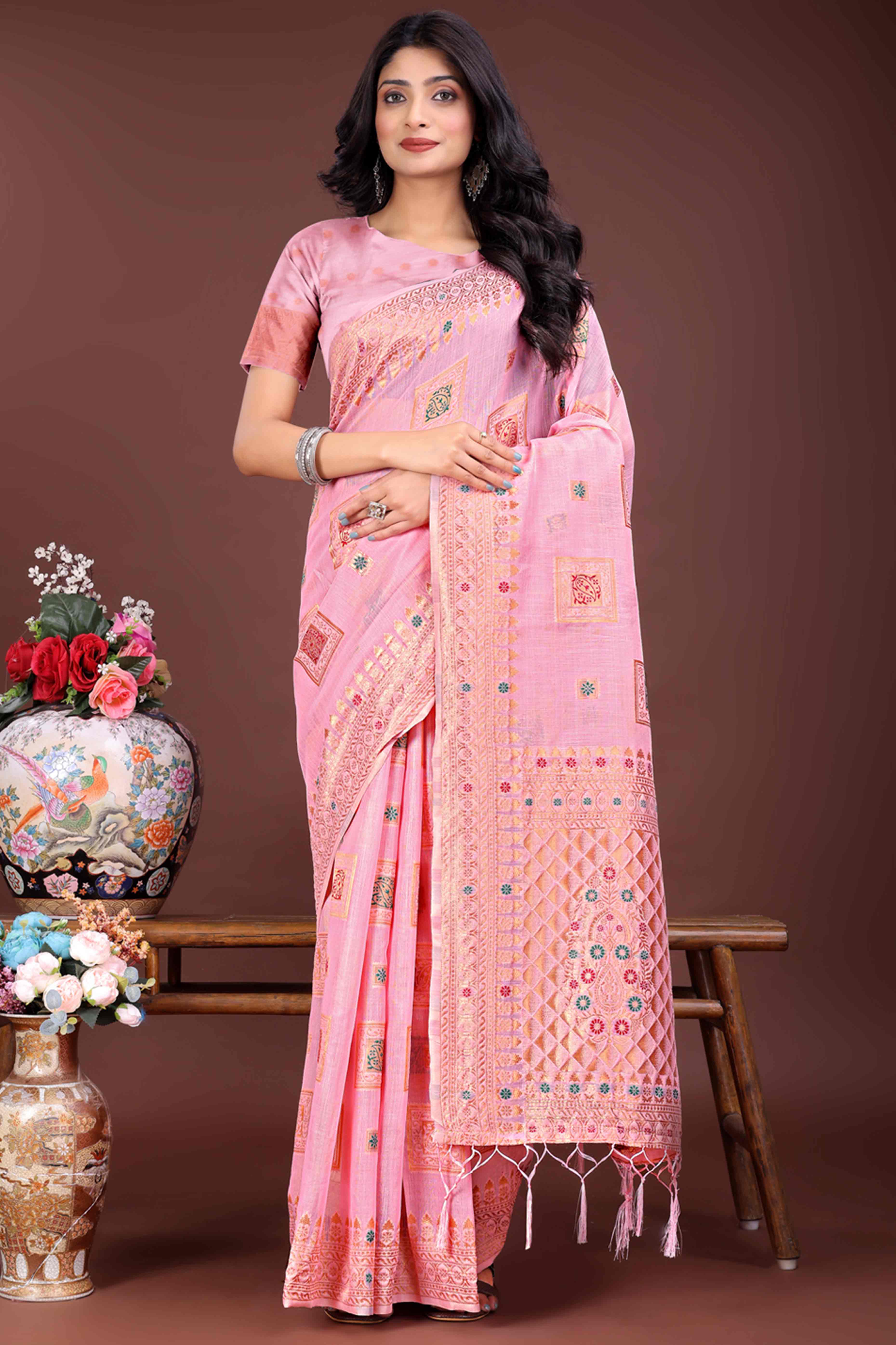 Stunning Floral Zari Weaving Embellished Pink Saree In Linen Cotton with Tassel Accents
