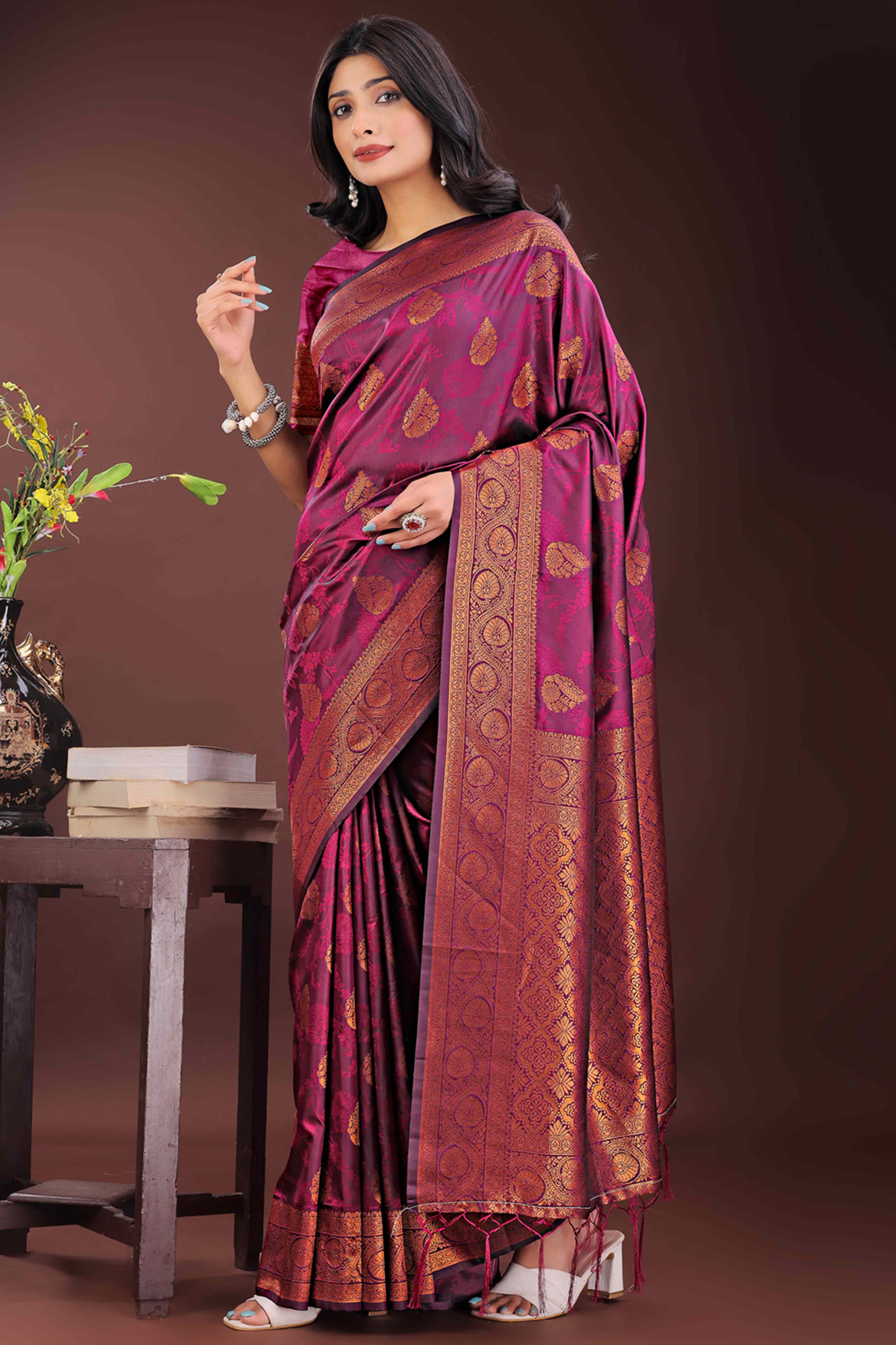 Purple Banarasi Saree in Silk with Intricately Woven Zari Florals