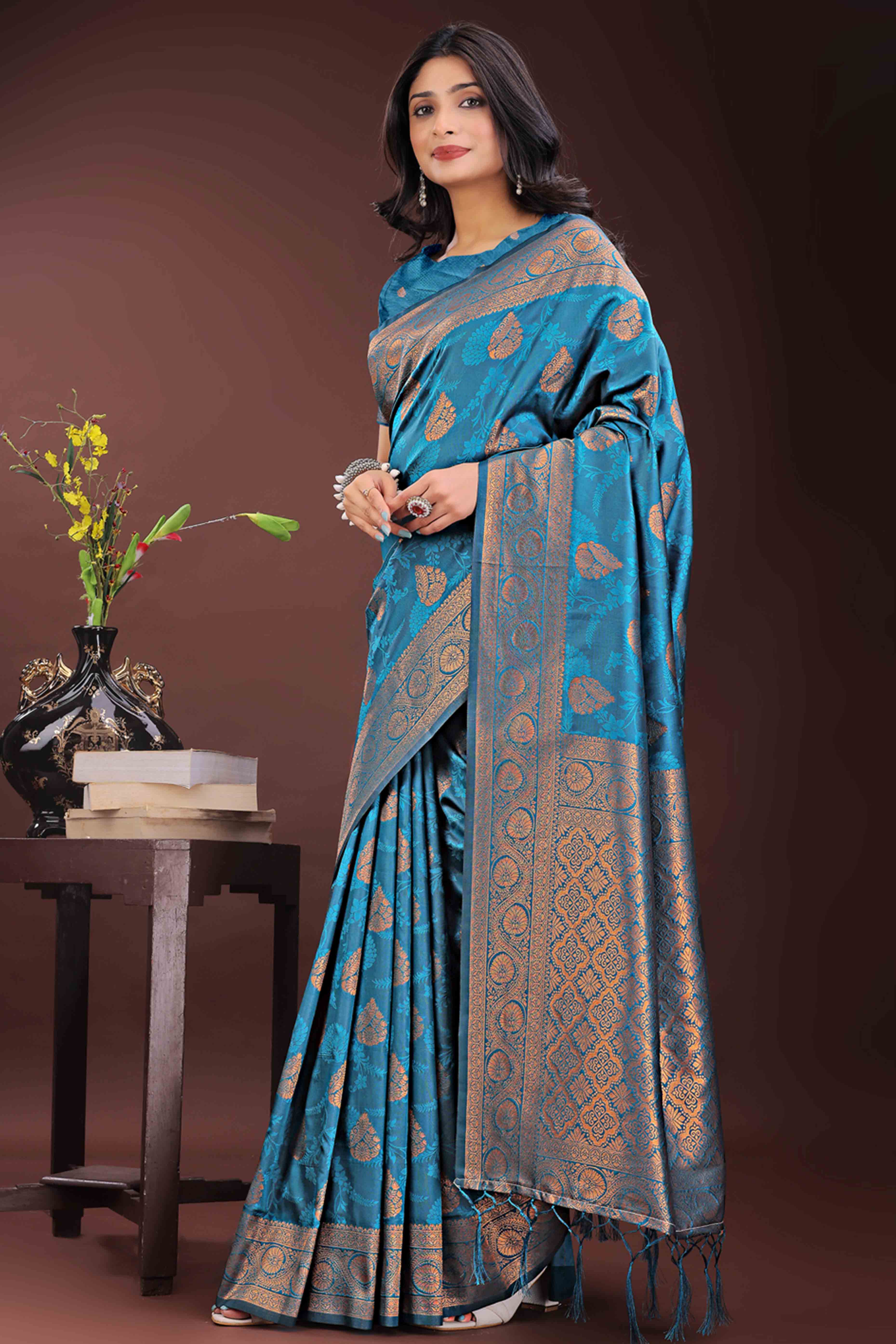 Teal Banarasi Saree in Silk with Intricately Woven Zari Florals