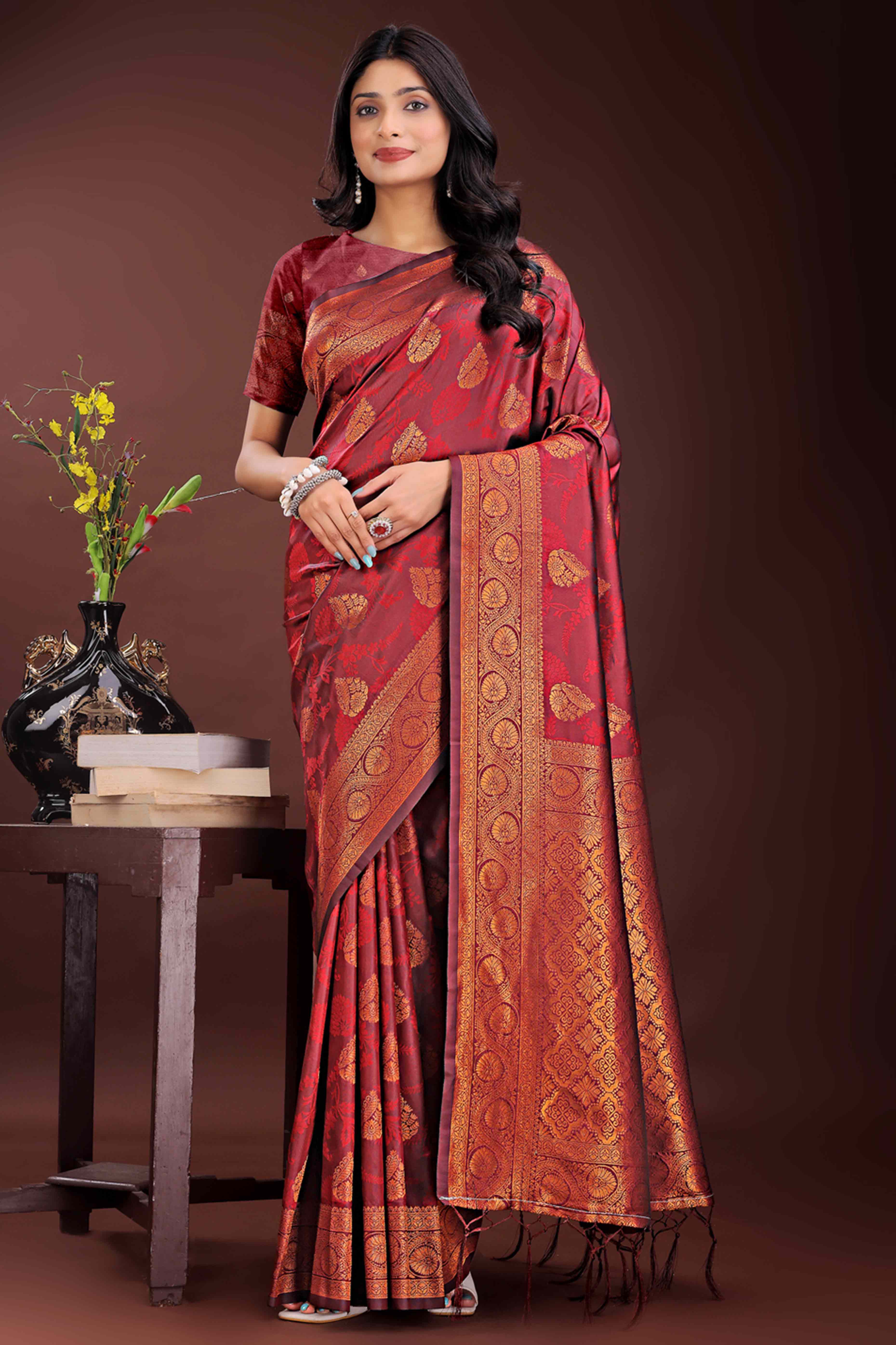 Maroon Banarasi Saree in Silk with Intricately Woven Zari Florals