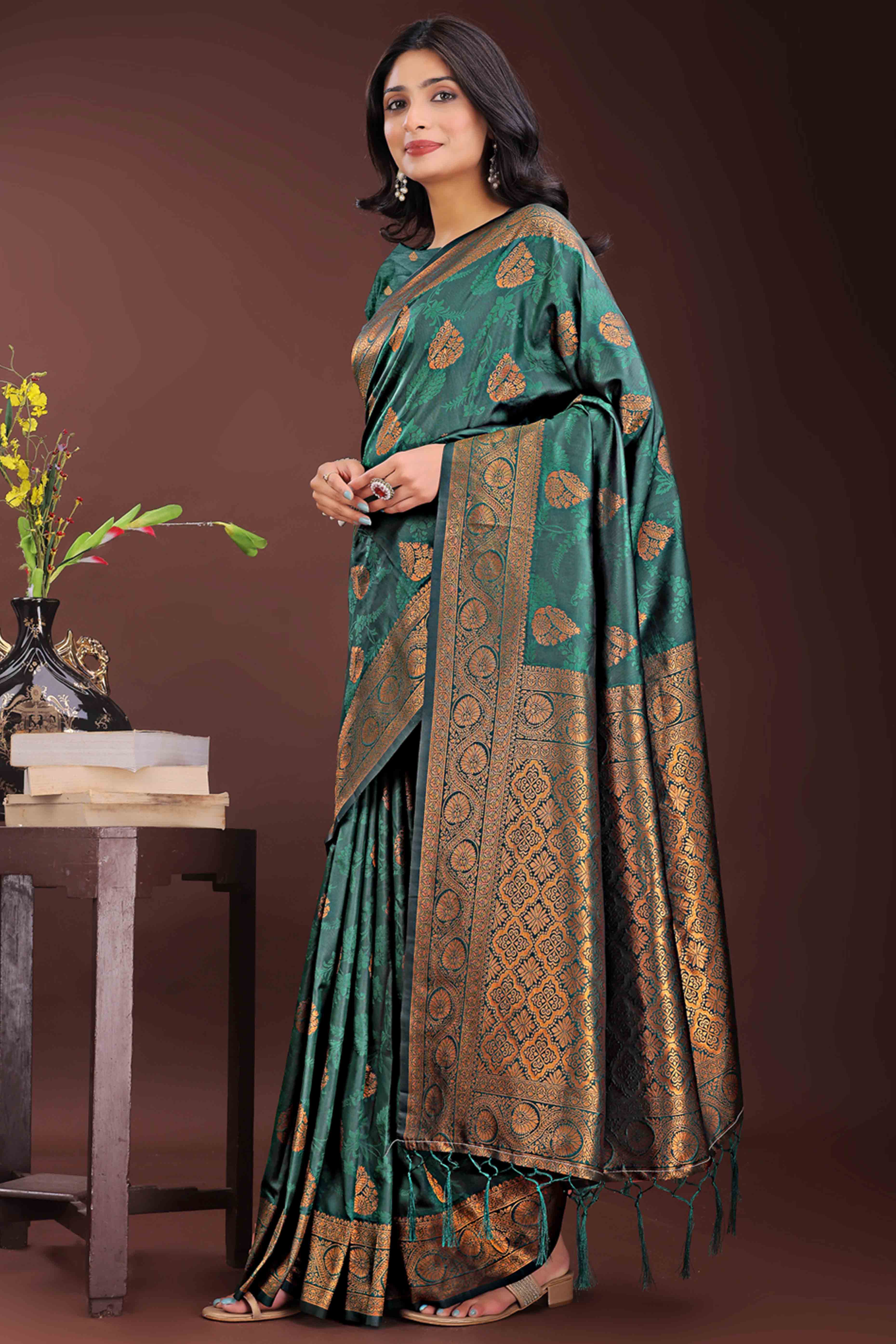 Dark Green Banarasi Saree in Silk with Intricately Woven Zari Florals
