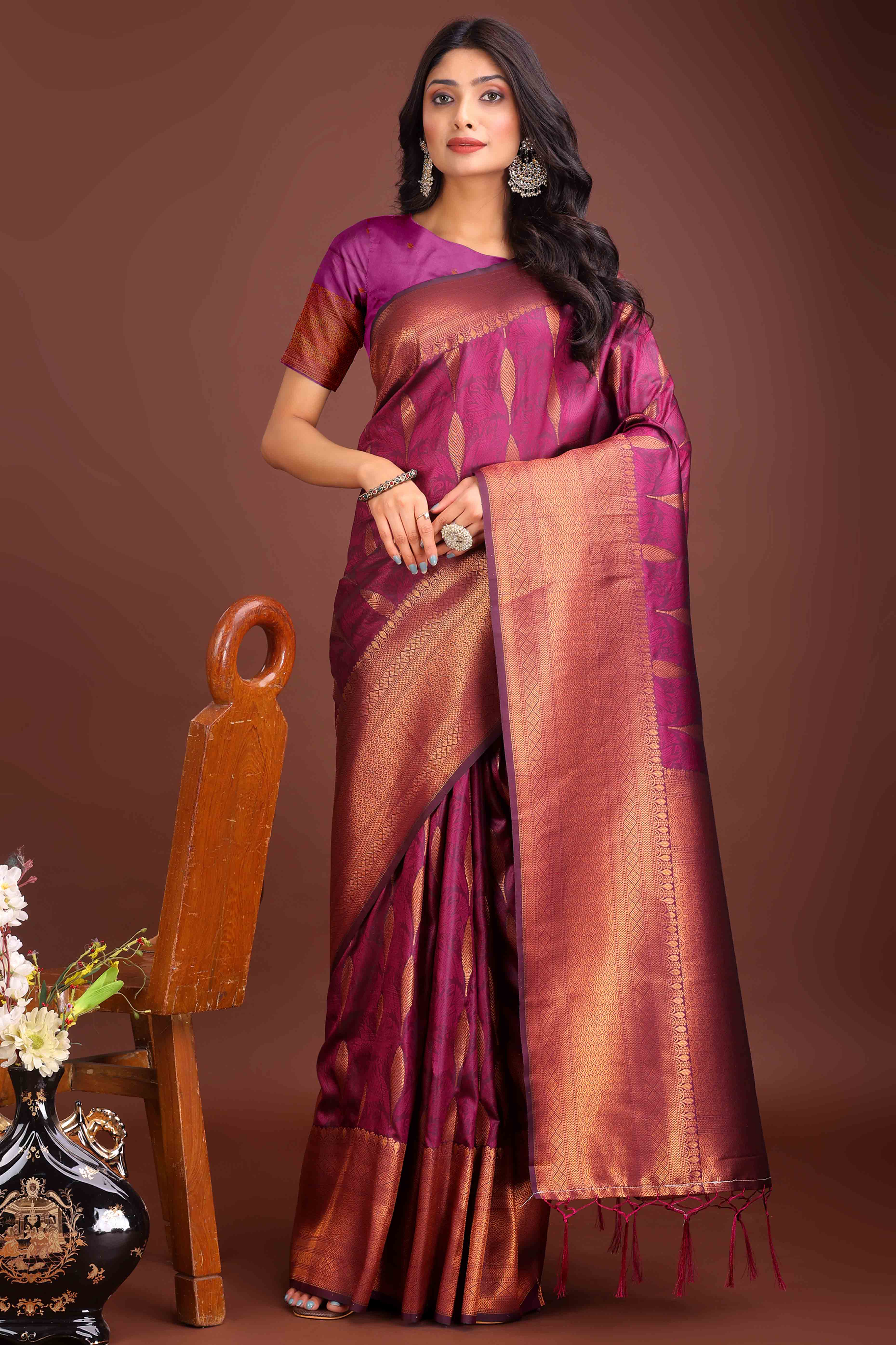 Magenta Zari Woven Banarasi Silk Saree With Timeless Tassel Border