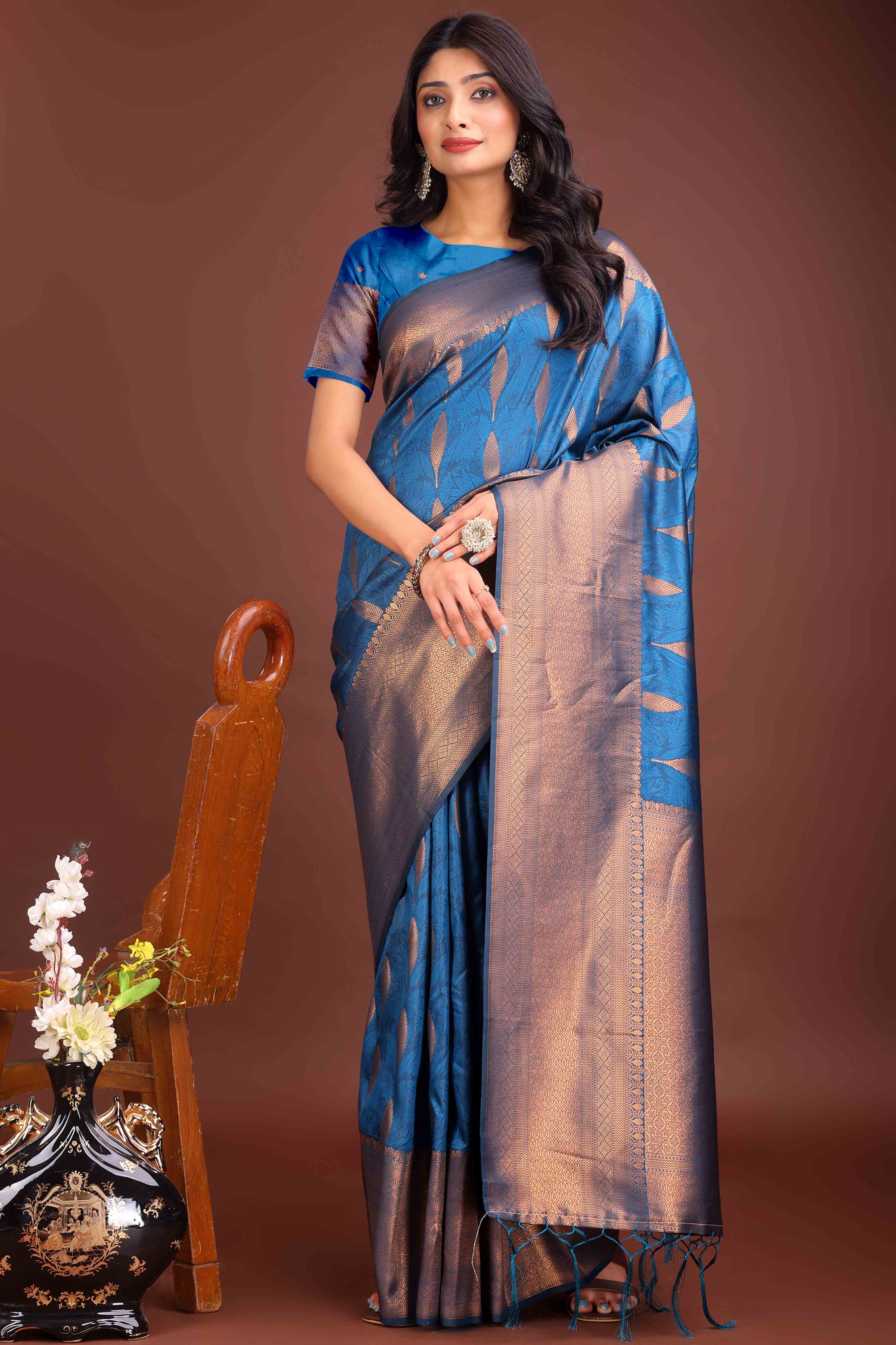 Blue Zari Woven Banarasi Silk Saree With Timeless Tassel Border